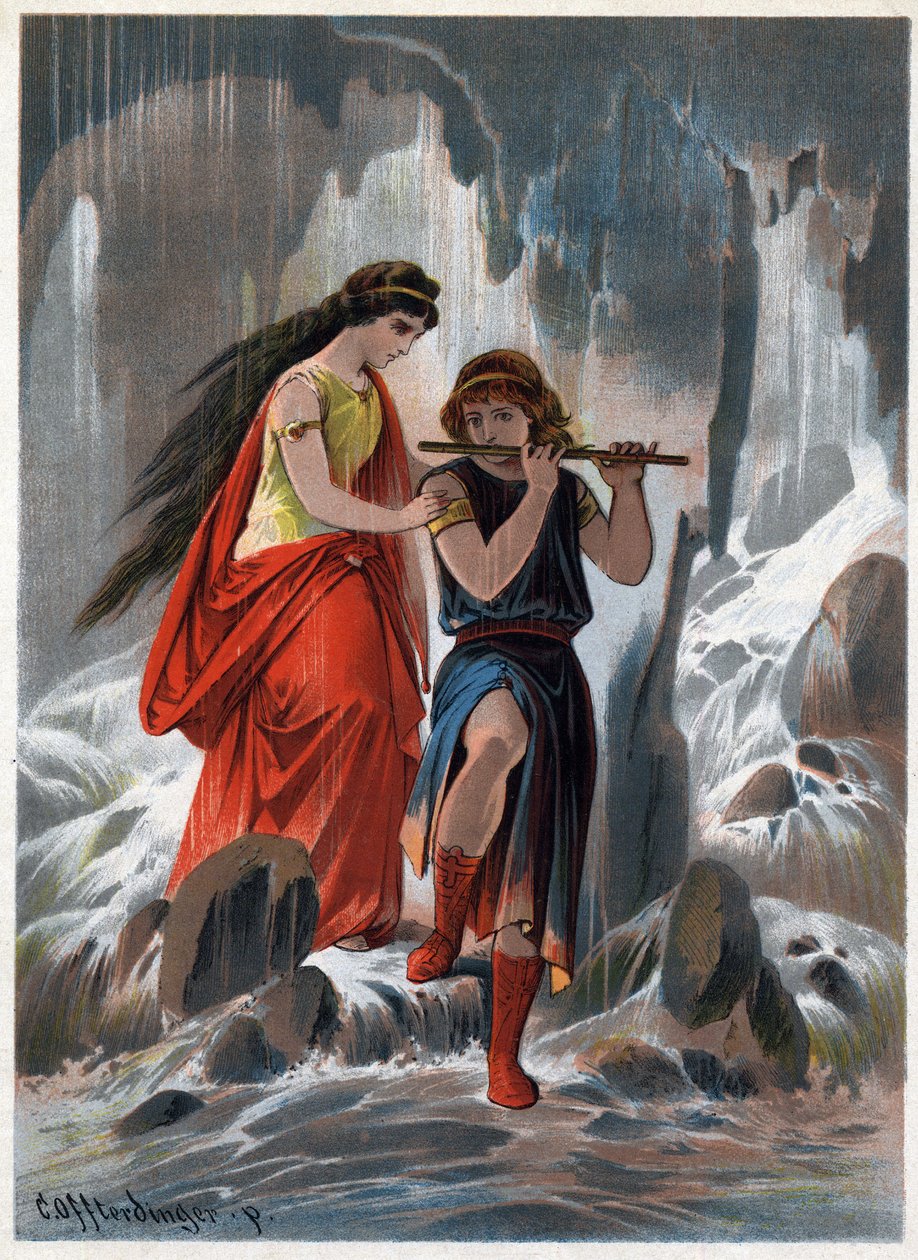 Prinssi Tamino ja prinsessa Pamina ylittivät pelkäämättä virtaavat vesirungot ja prinssi jatkoi huilun soittamista. Carl Offterdingerin (1829-1889) kuvitus teoksessa "" Lumottu huilu"". (Die Zauberflote, flauto magico, Taikahuilu) Pri tekijältä Carl Offterdinger
