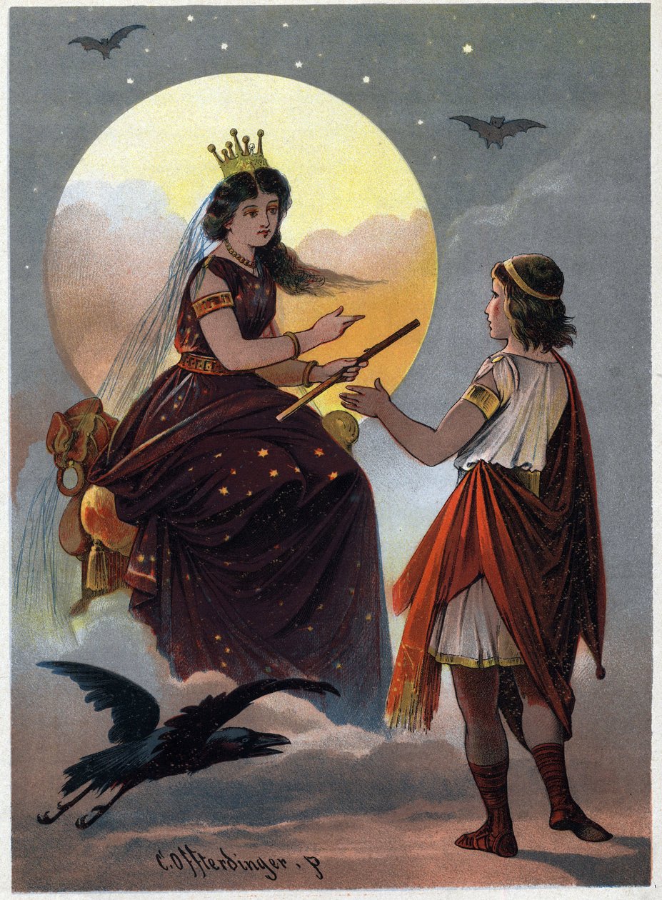 Prinssi Tamino lumoavan Yön kuningattaren edessä ja tarjoaa tyttärensä naimisiin, jos tämä onnistuu vetämään hänet julman Sarastron käsistä. Carl Offterdingerin (1829-1889) kuvitus teoksessa "" Lumottu huilu"". (Die Zauberflote, f tekijältä Carl Offterdinger