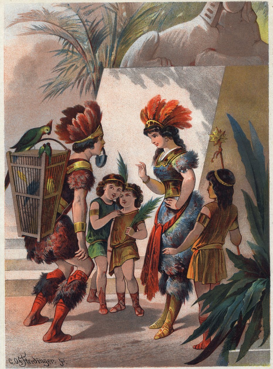 Musta metsästäjä sulkee Papagenon suun lukolla rangaistakseen tätä valehtelemisesta ja myymisestä käärmeen tappamisesta kuningattaren edessä. Carl Offterdingerin (1829-1889) kuvitus teoksessa "" Lumottu huilu"". (Die Zauberflote, flauto magico, The Ma tekijältä Carl Offterdinger