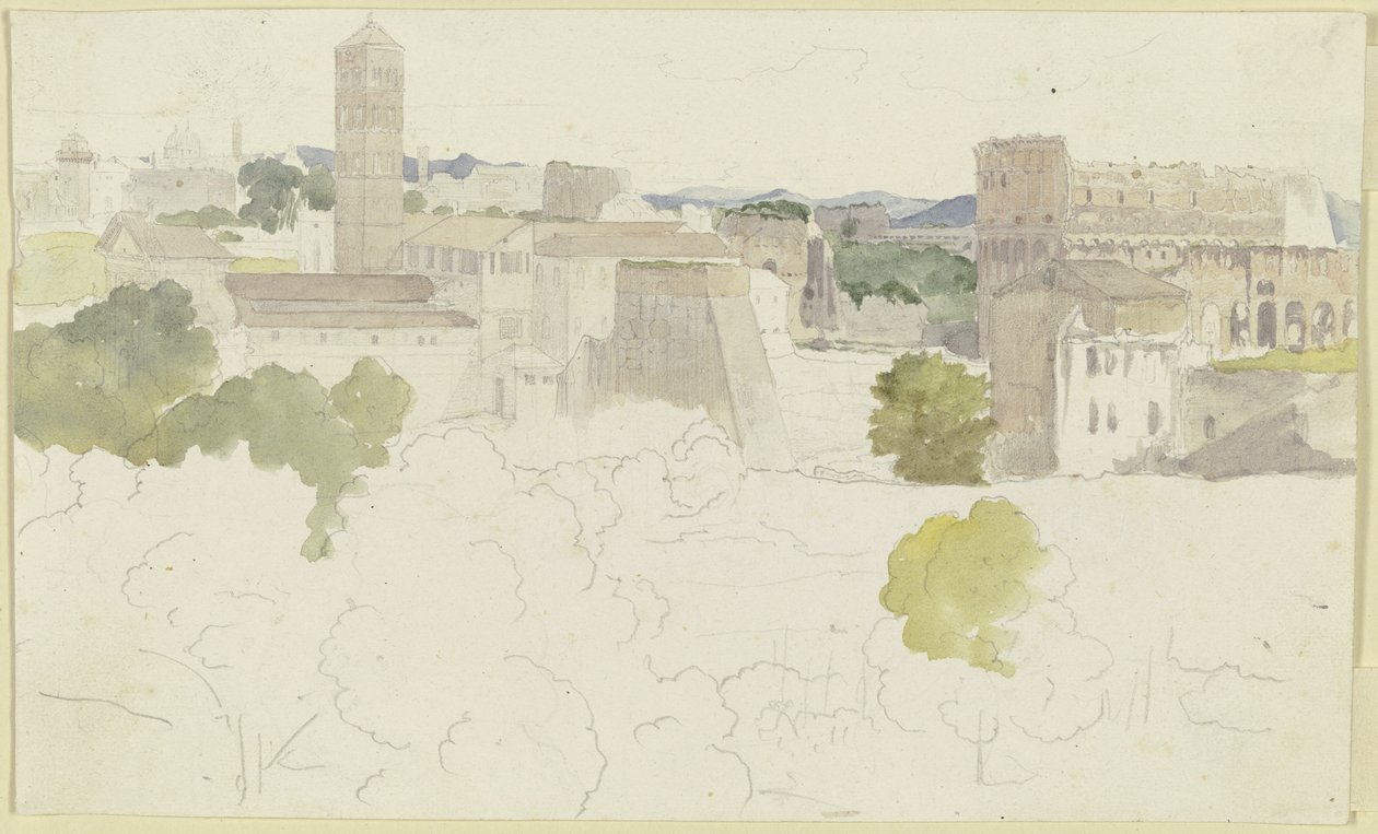 Näkymä Rooman yli, Colosseum oikealla ja vuoristo kaukaisuudessa tekijältä Carl Philipp Fohr