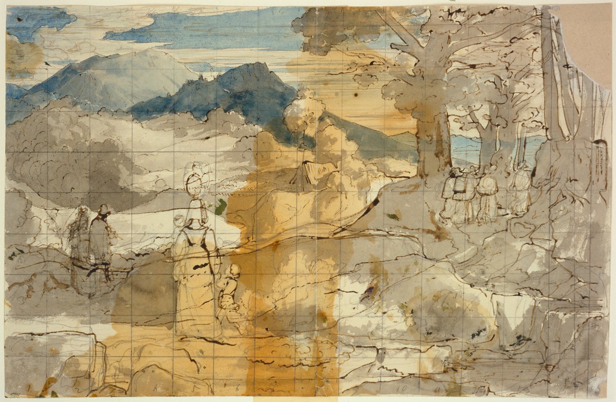 Landschaft bei Rocca Canterano mit einer Frau mit Kindern, Hirten und Pilgern tekijältä Carl Philipp Fohr