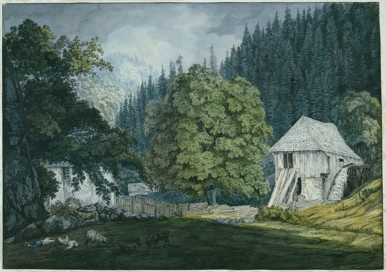 Schneidemühle Beuerner Thalessa (sivu 8 Badenin ympäristön luonnoskirjasta) tekijältä Carl Philipp Fohr