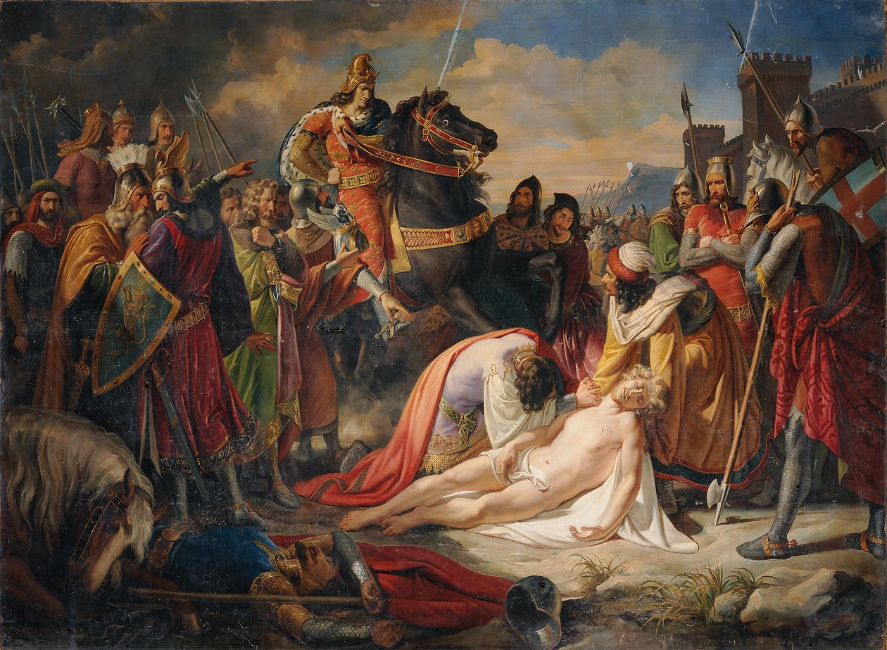 Kaarle I Anjou Manfredin ruumiista Beneventon taistelun jälkeen 26. helmikuuta 1266 1838 tekijältä Carl Rahl