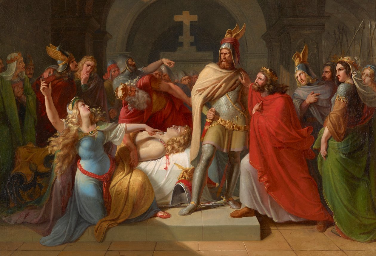 Kriemhild Siegfriedin ruumiissa julistaa Hagenin murhaajakseen ja vannoo kostoa, 1835. tekijältä Carl Rahl