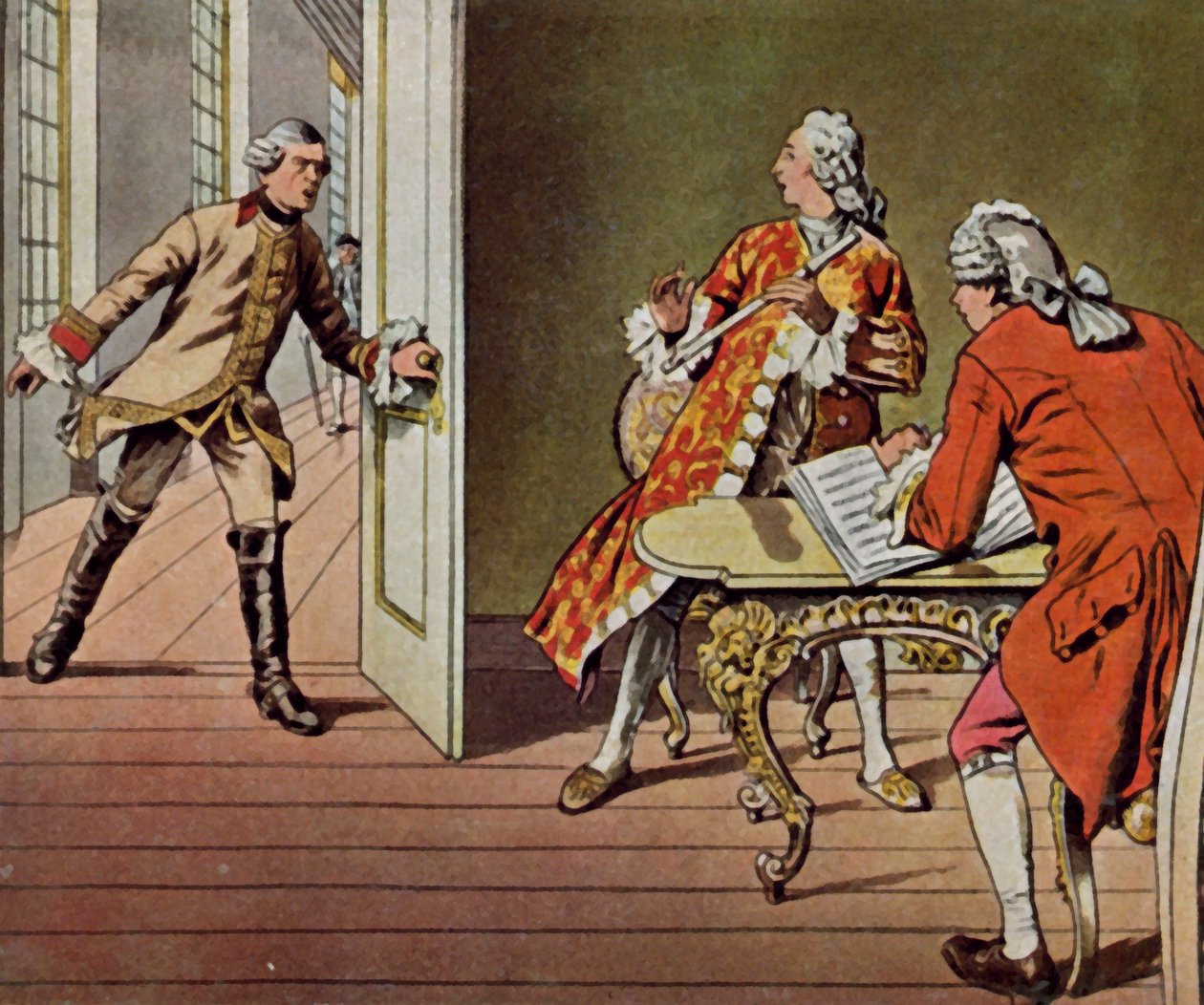 Friedrich Wilhelm I yllättää kruununprinssin ja hänen musiikinopettajansa Quantzin soittaessaan huilua, ... (tehostettu värilitografia) tekijältä Carl Rochling