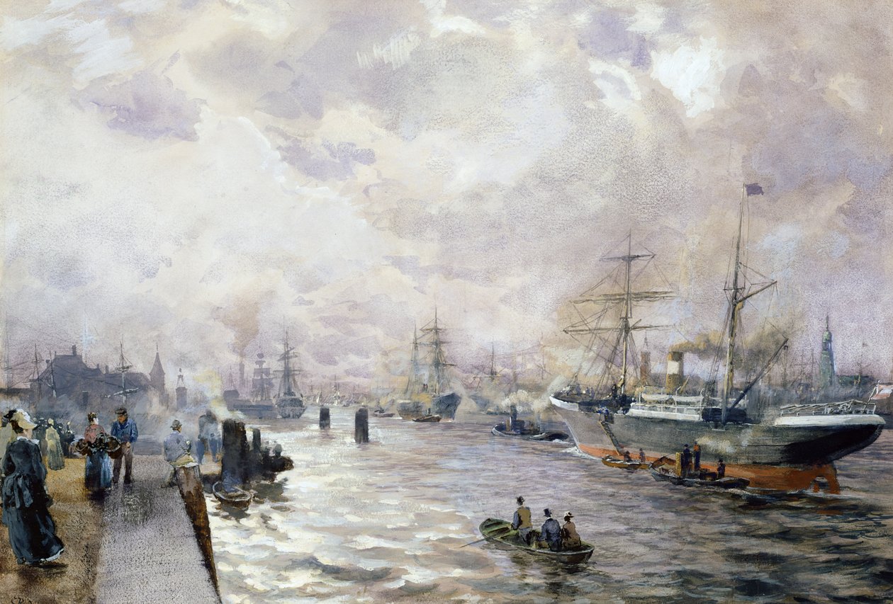 Purjelaivoja Hampurin satamassa, 1889 (wc ja guassi paperilla) tekijältä Carl Rodeck