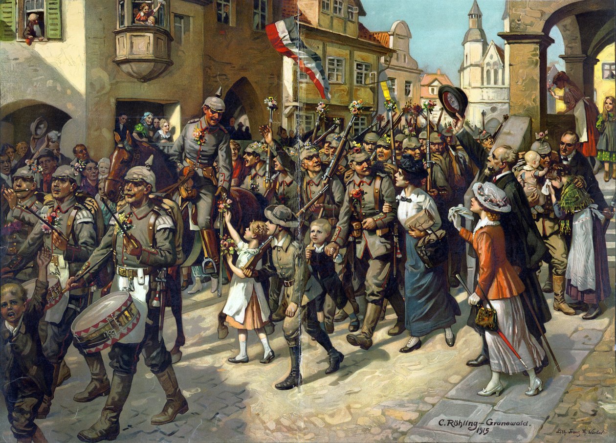 La mobilisation en 1914 fi Allemagne - Mobilisaatio vuonna 1914. Kuva koulujen historianopetukseen, Roehling, Carl (1849-1922) tekijältä Carl Rohling