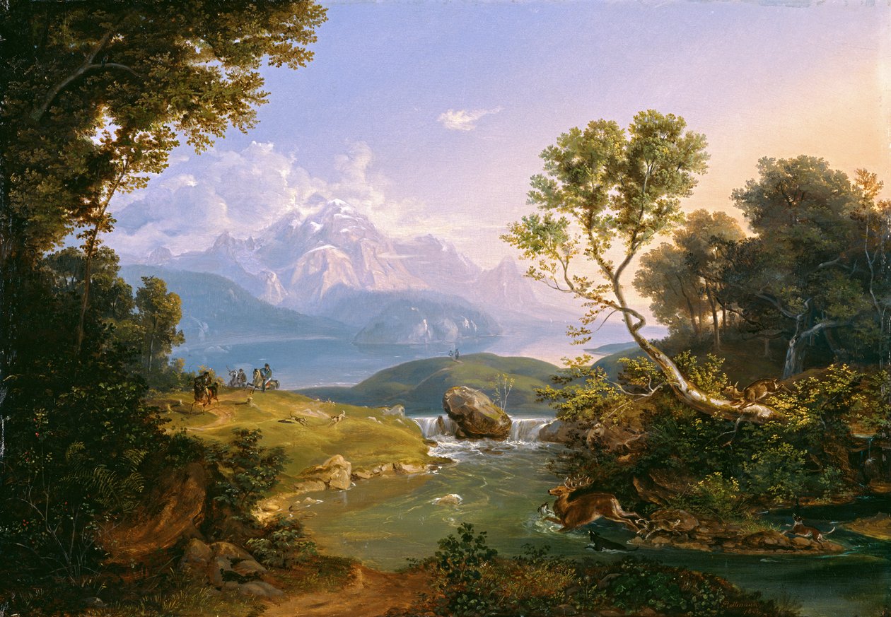 Hirvenmetsästys Hintersee-järvellä lähellä Berchtesgadenia tekijältä Carl Rottmann