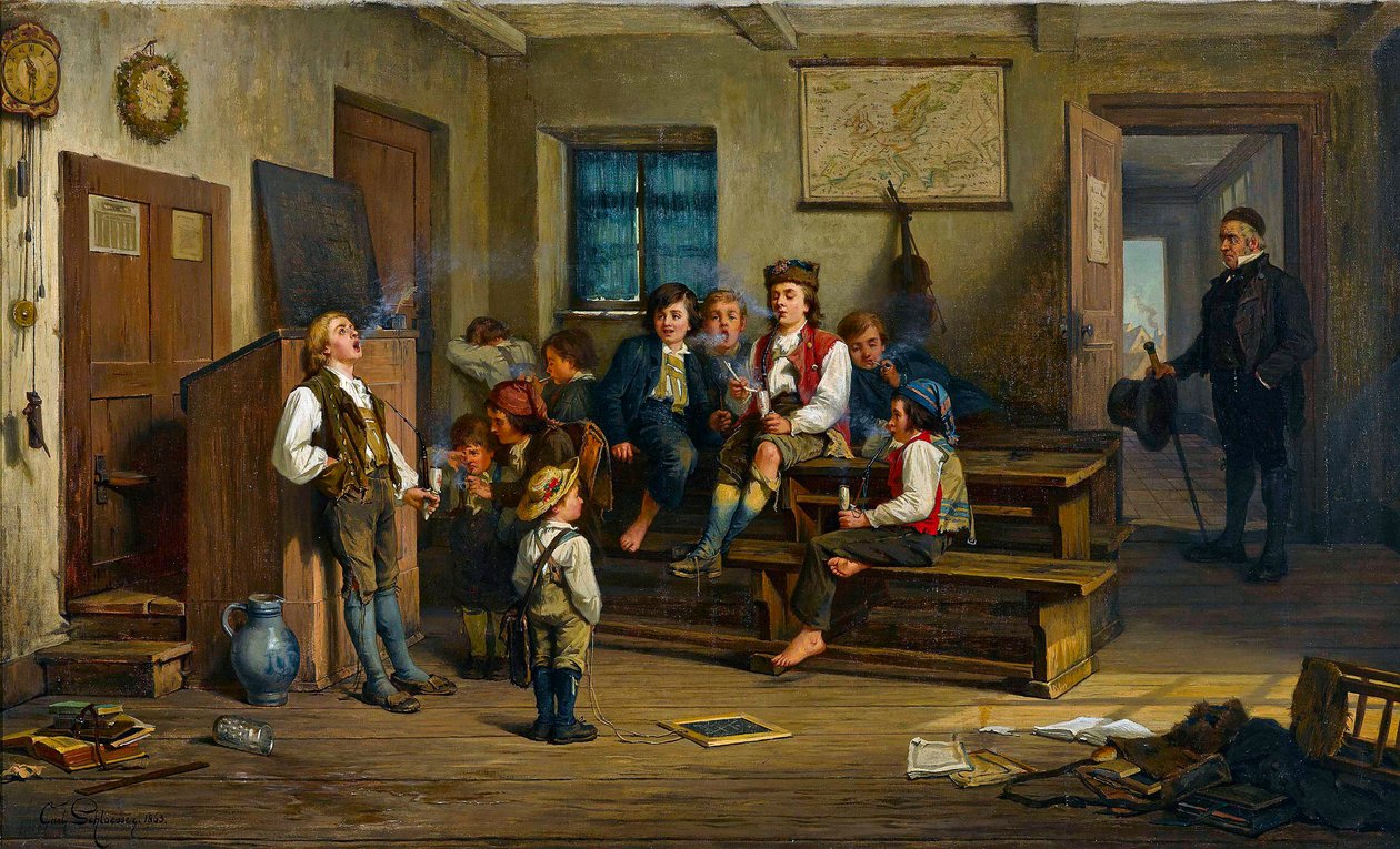 Kielletty hedelmä (luokkahuoneessa, koululaiset polttavat piippua) - Kielletty hedelmä - Carl Bernhard Schloesser (1832-1914 jälkeen). öljy kankaalle tekijältä Carl Schlosser