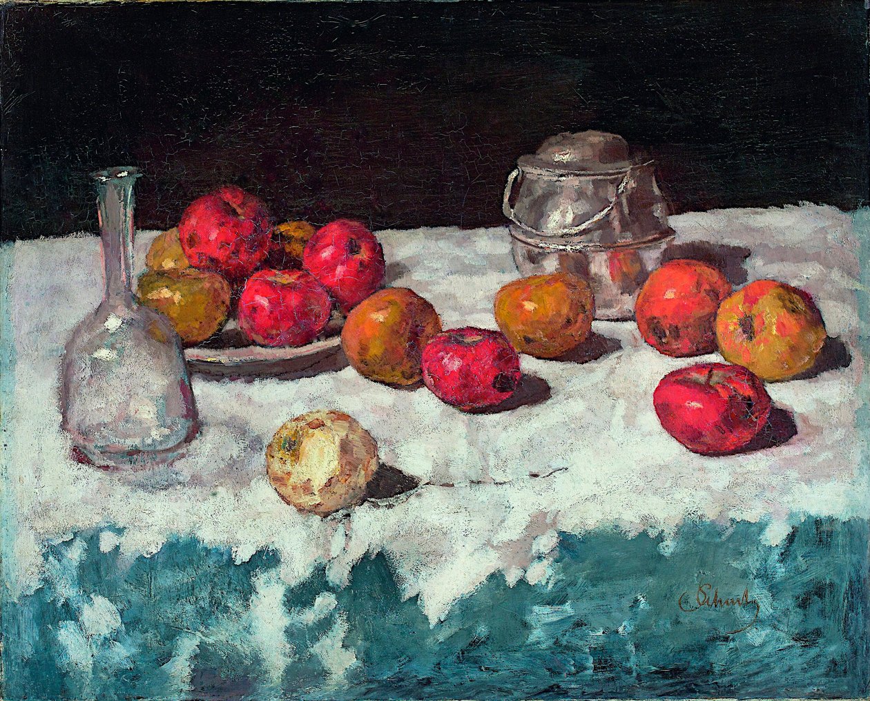 ""Nature morte aux pommes"" (Asetelma omenoiden kanssa) Peinture de Carl Schuch (1846-1903) 1889 Öljy kankaalle Koko 66,2x81,6 cm Museum Kunstpalast, Düsseldorf tekijältä Carl Schuch