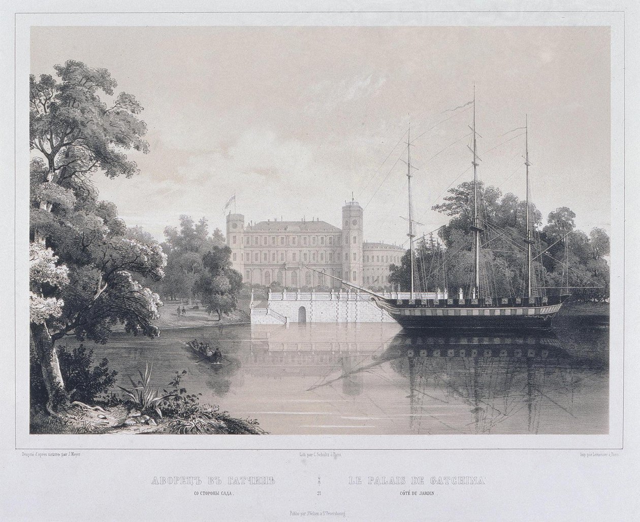 Näkymä Gatchinan palatsille järveltä, 1850-luku tekijältä Carl Schulz