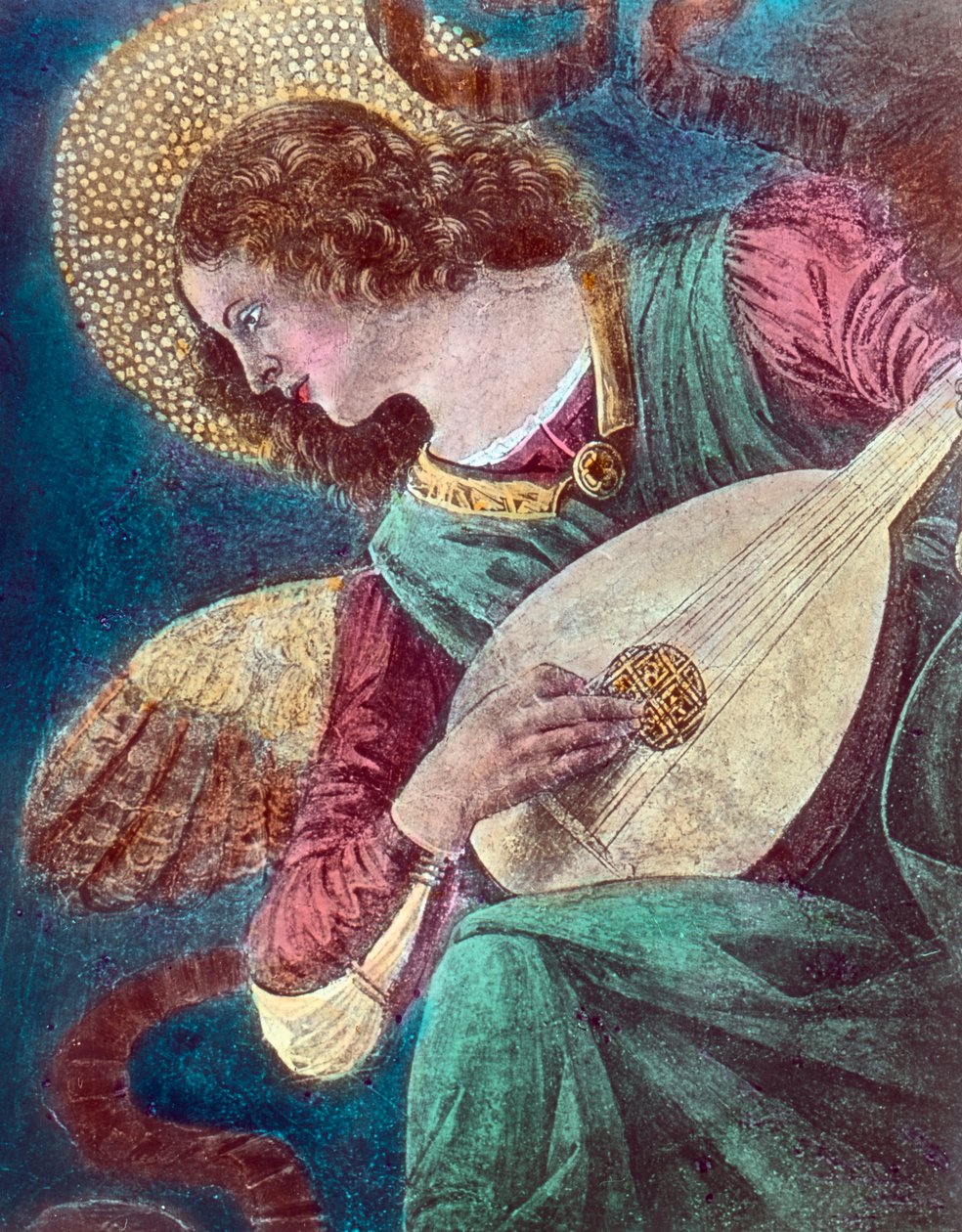 Enkelimuusikko. Osa italialaisen renessanssimaalarin Melozzo da Forlin, joka tunnetaan myös nimellä Michelozzo degli Ambrogi (1438 - 1494), noin vuonna 1480 maalaamasta freskomaalauksesta. Kuvan päivämäärä: noin 1900. Carl Simonin arkisto tekijältä Carl Simon