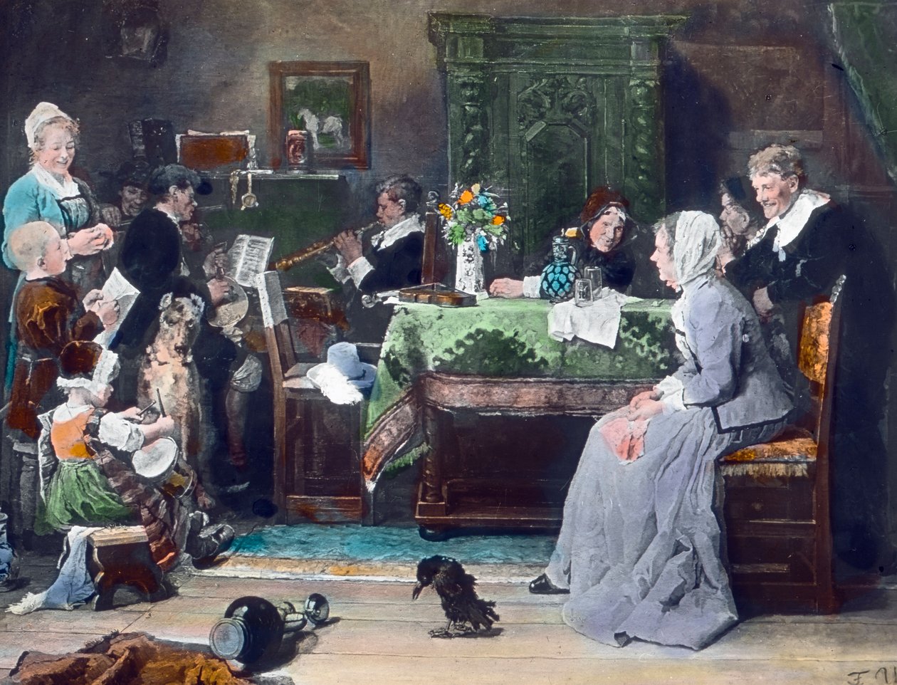 Perhekonsertti. Saksalaisen taidemaalarin Fritz von Uhden (1848-1911) maalaus vuodelta 1881. Kuvan päivämäärä: noin 1890. Carl Simonin arkisto tekijältä Carl Simon