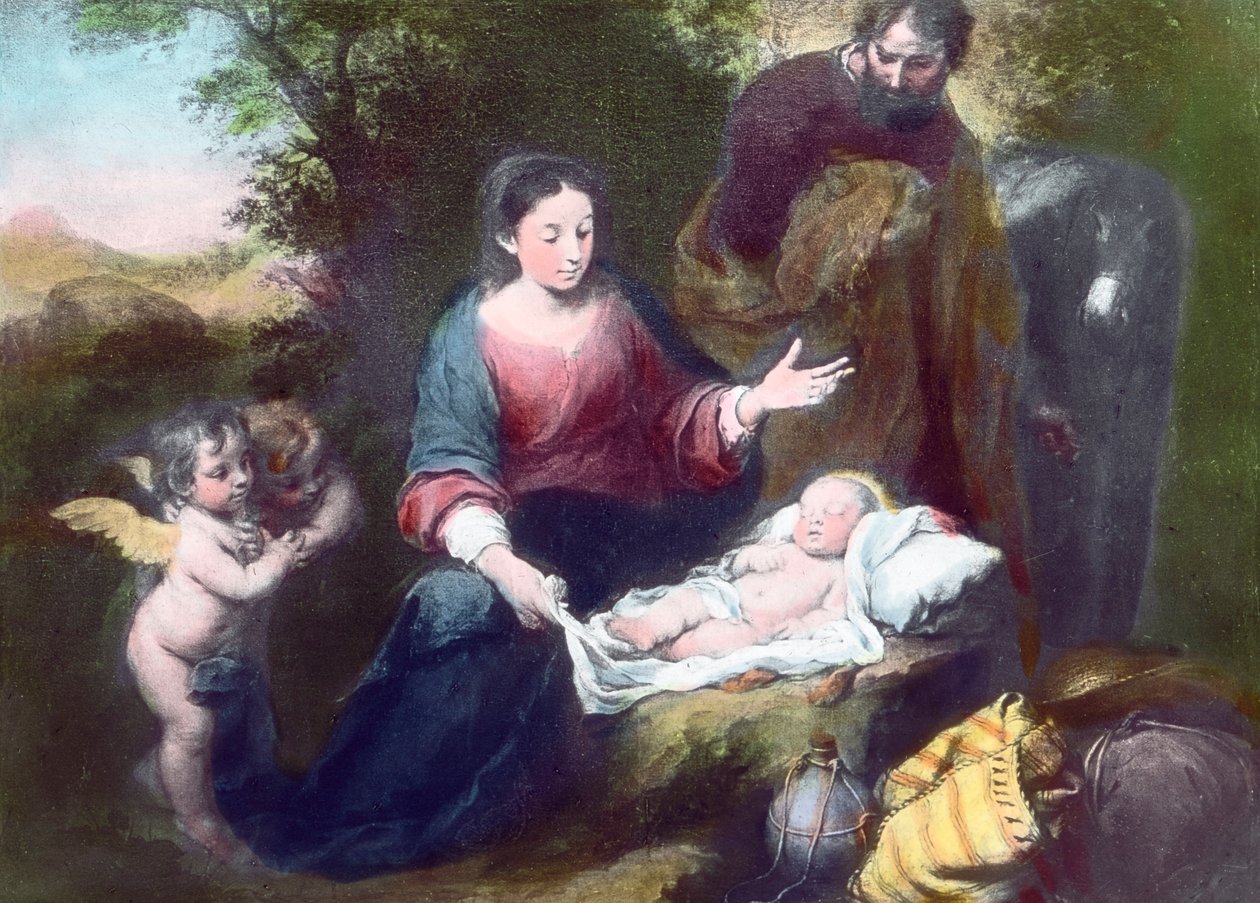 Nukkuva Kristuslapsi enkelien, Marian ja Joosefin kanssa. Espanjalaisen barokkimaalarin Bartolome Esteban Murillon (1617 - 1682) maalaus (päiväämätön). Kuvan päivämäärä: noin 1900. Carl Simonin arkisto tekijältä Carl Simon