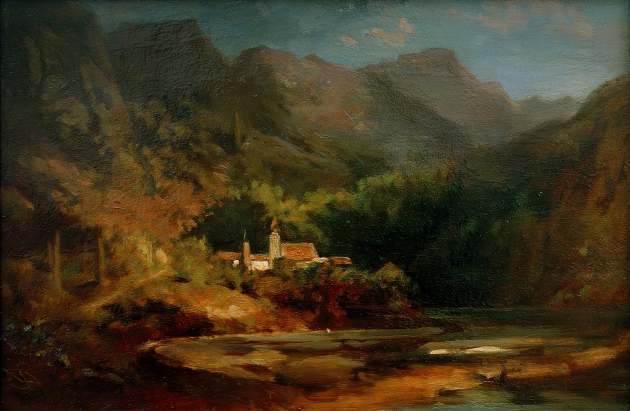 Dorf an einem See im Gebirgstal tekijältä Carl Spitzweg