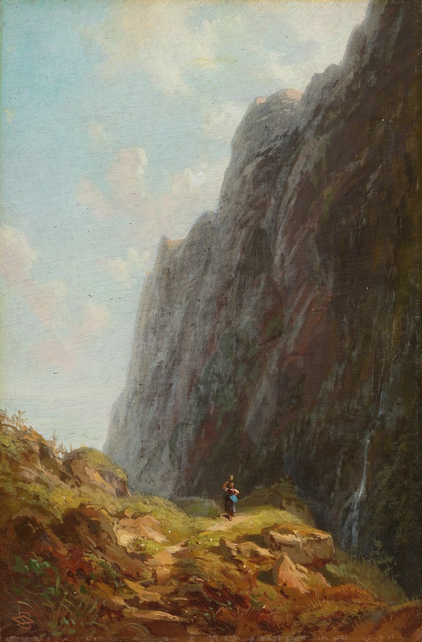 Gebirgslandschaft mit Sennerin im Wendelsteingebiet tekijältä Carl Spitzweg