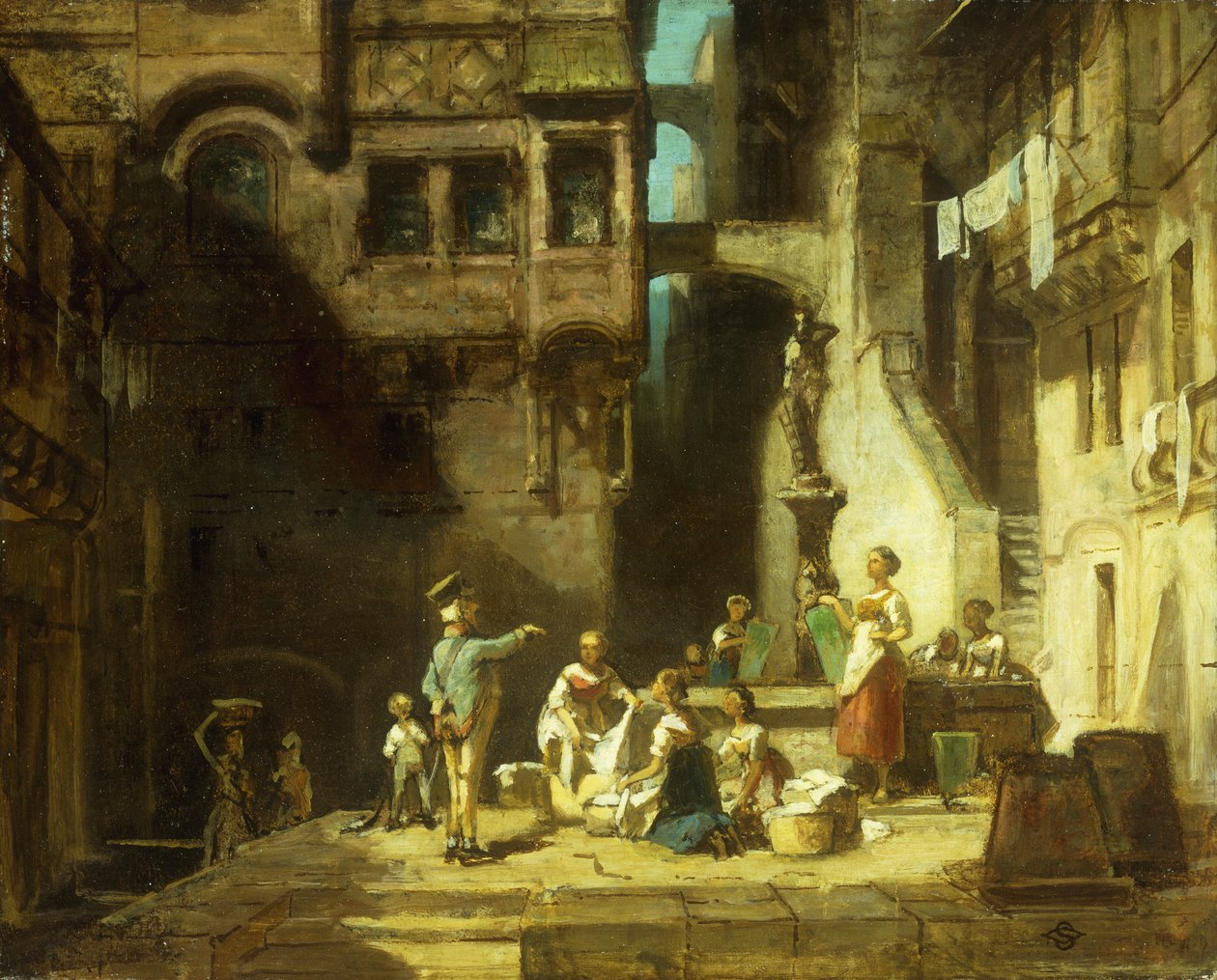 Pesula naiset kaivossa; Pesijanaiset kaivolla, n. 1860 tekijältä Carl Spitzweg