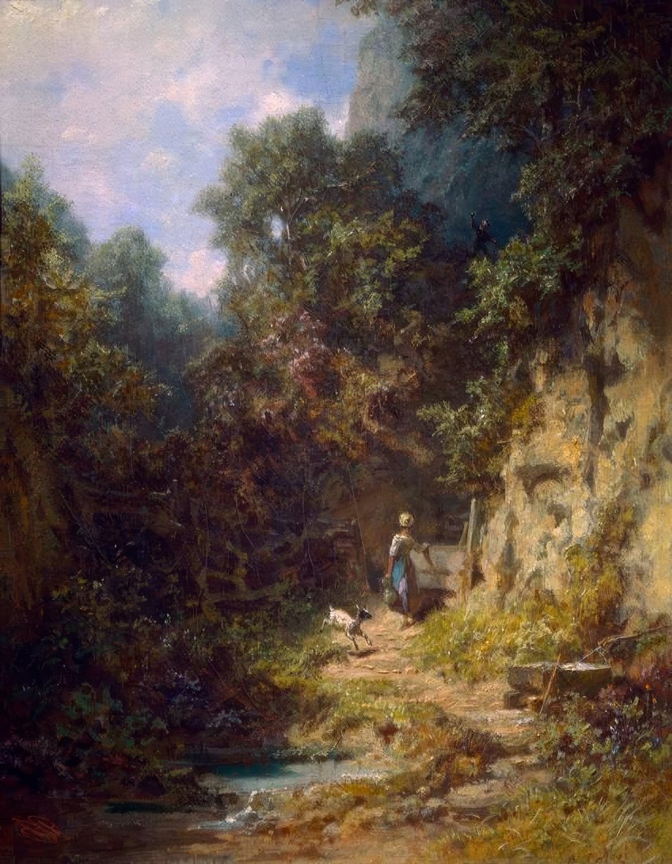 Mädchen mit Ziege, dem ein Jägersmann zuwinkt tekijältä Carl Spitzweg
