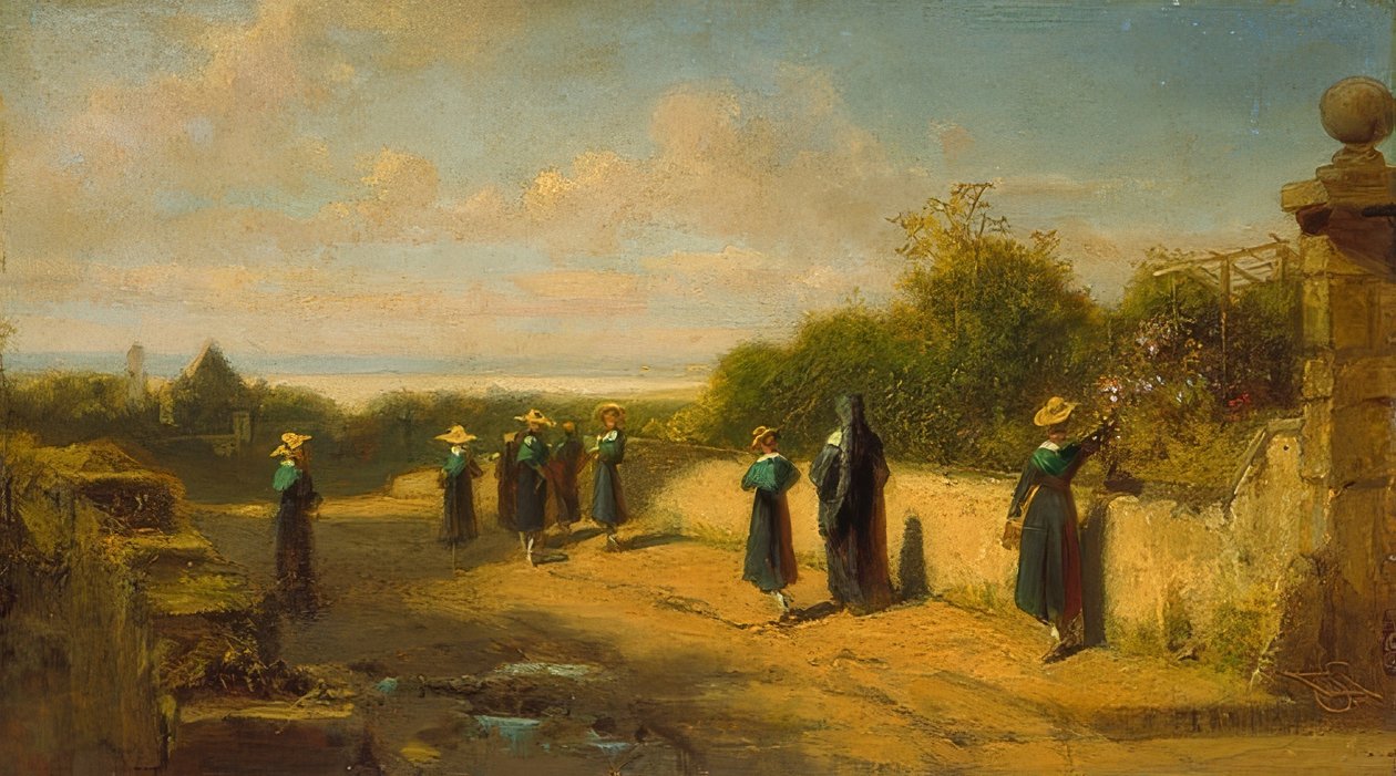 Tyttöjen sisäoppilaitos kävelyllä. Noin 1870 tekijältä Carl Spitzweg