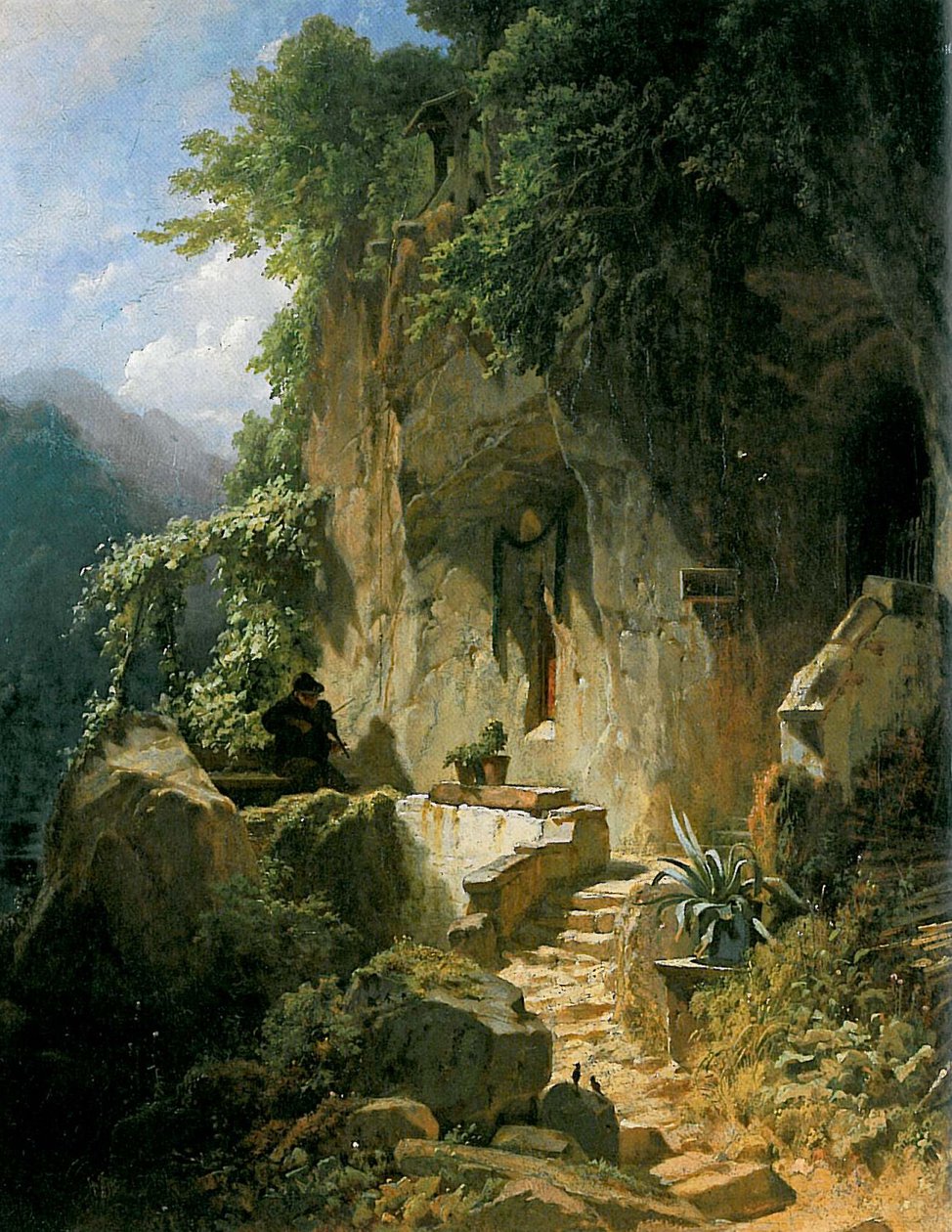 Musizierender Einsiedler tai seineri Felsenklause tekijältä Carl Spitzweg