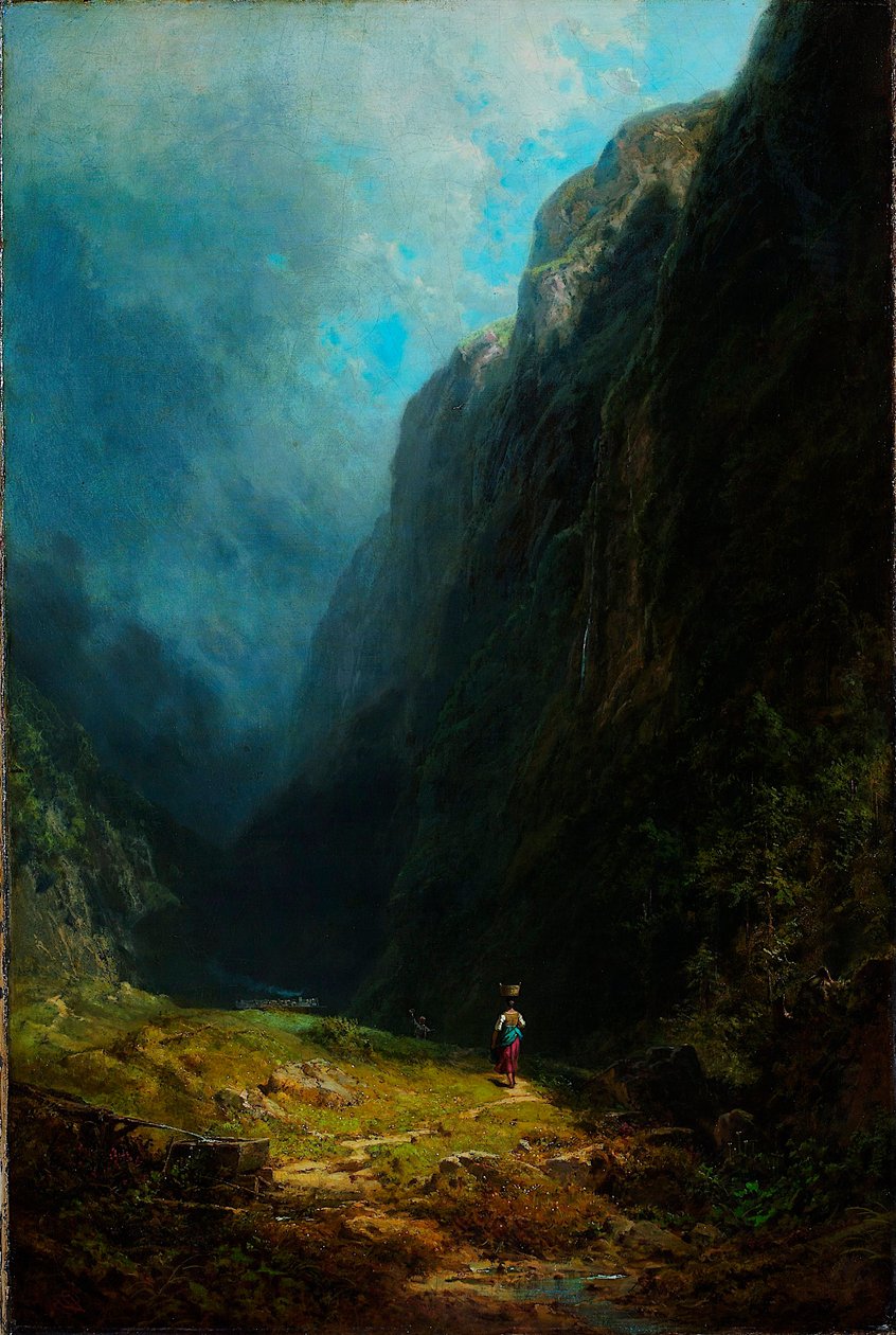 ""Paysage de haute vallee alpine"" Vue du mont Wendelstein Allemagne (Alppilaakson maisemassa Wendelstein-vuoren kanssa) Peinture de Carl Spitzweg (1808-1885) Öljy kankaalle vers 1871 Koko 88,5x59 cm Museum Kunstpalast, Dusseldorfpalast tekijältä Carl Spitzweg