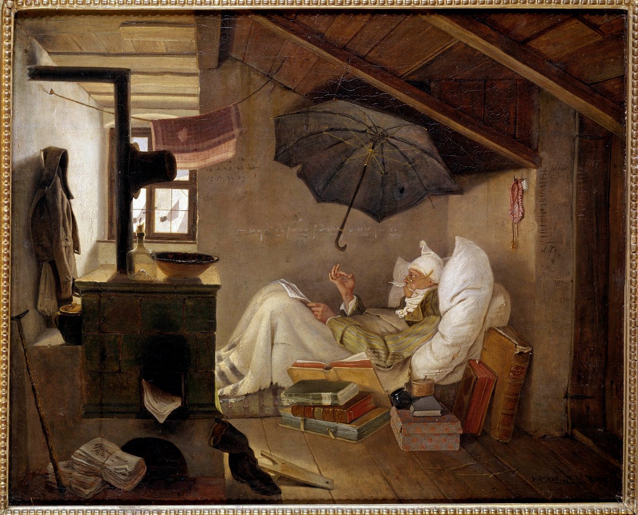 Köyhä runoilija Vanha mies makaa ullakolla. Carl Spitzwegin (1808-1885) maalaus 1839. Dim. 0,36 x 0,44 m Berliini, Altes-museo, Saksa - Köyhä runoilija. Vanha mies sänkyyn ullakolle. Carl Spitzwegin (1808-1885) maalaus tekijältä Carl Spitzweg