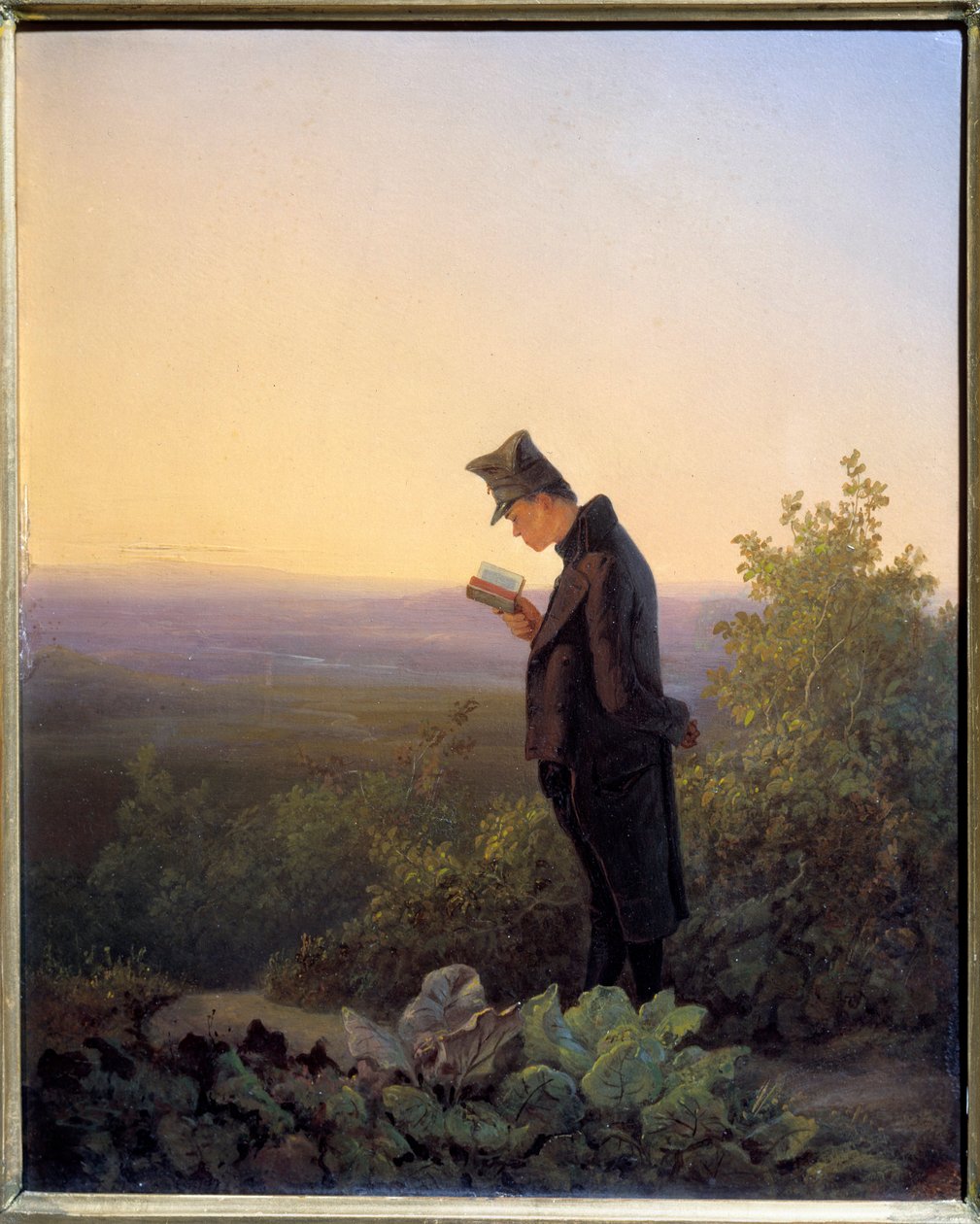 Breviaarin lukeminen illalla Mies lukee Raamattua romanttisessa maisemassa. Karl Spitzwegin (1808-1885) maalaus n 1845 su. 0,29x0,23 m tekijältä Carl Spitzweg