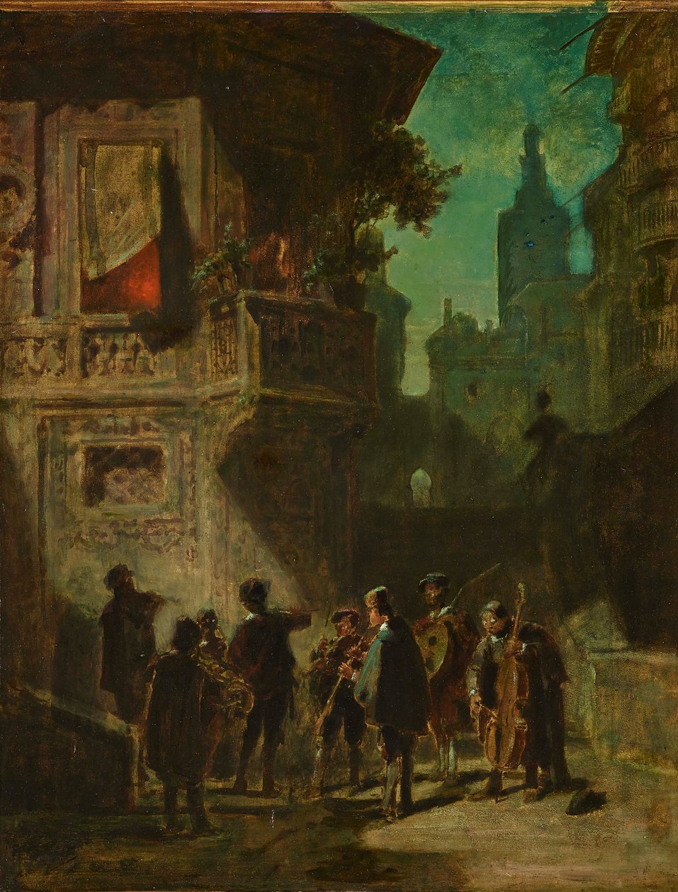 Espanjalainen serenadi Sevillan parturista, noin 1856. tekijältä Carl Spitzweg