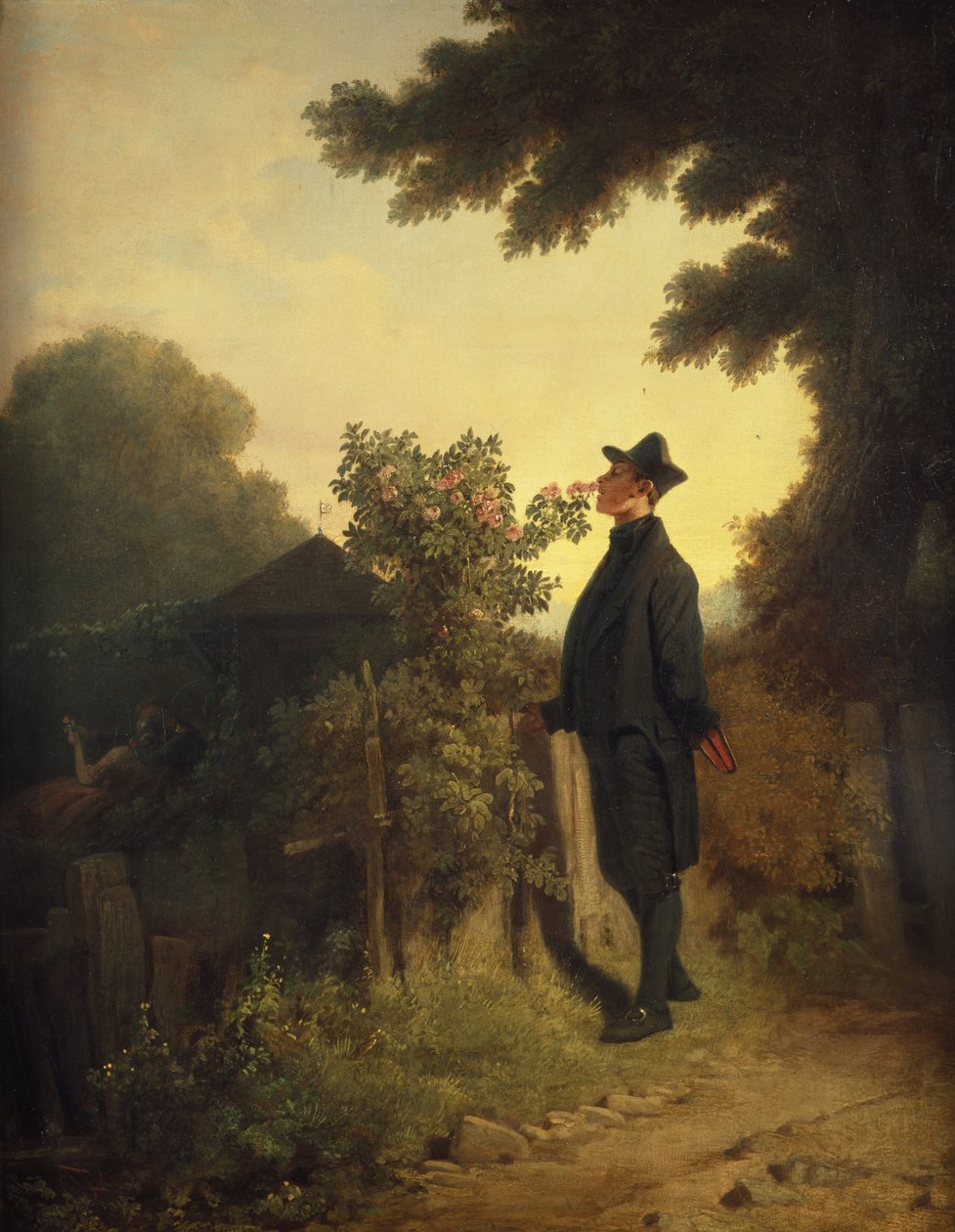 Ruusun rakastaja, noin 1847-50 (öljy kankaalle). tekijältä Carl Spitzweg