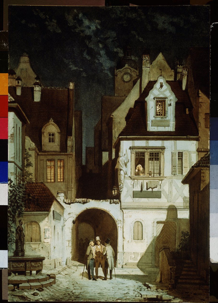Saksalaisen kaupungin nurkka kuunvalossa. Carl Spitzwegin (1808-1885) maalaus. Akvarelli paperille, 68,5 x 46,5 cm. 1800-luvun saksalaista taidetta. Pushkinin taidemuseo, Moskova. tekijältä Carl Spitzweg
