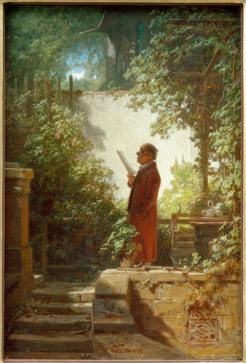 Lehdenlukija talon puutarhassa tekijältä Carl Spitzweg