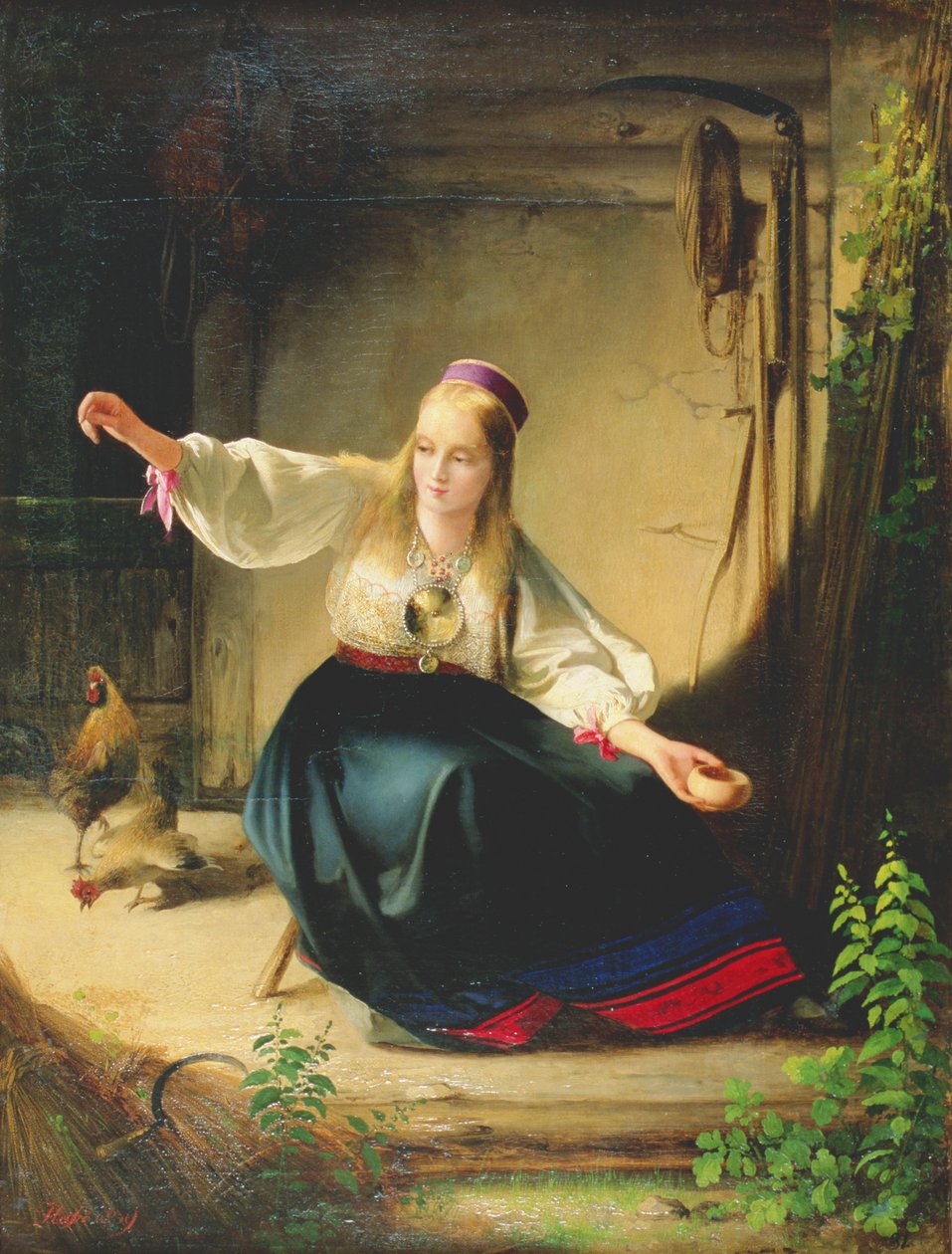 Tyttö ruokkii kanoja, 1839 tekijältä Carl Timoleon von Neff