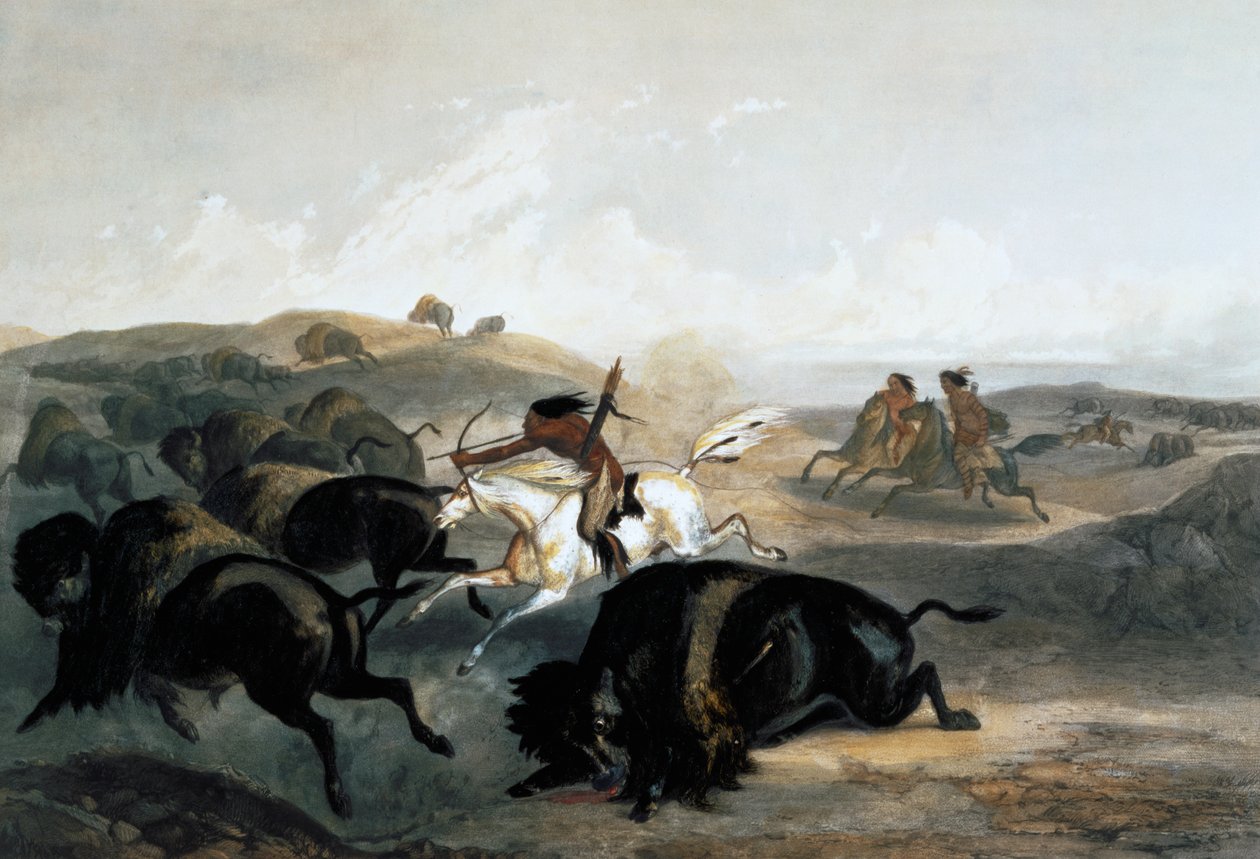 "Intiaanit metsästävät biisonia", 1843 tekijältä Carl Vogel