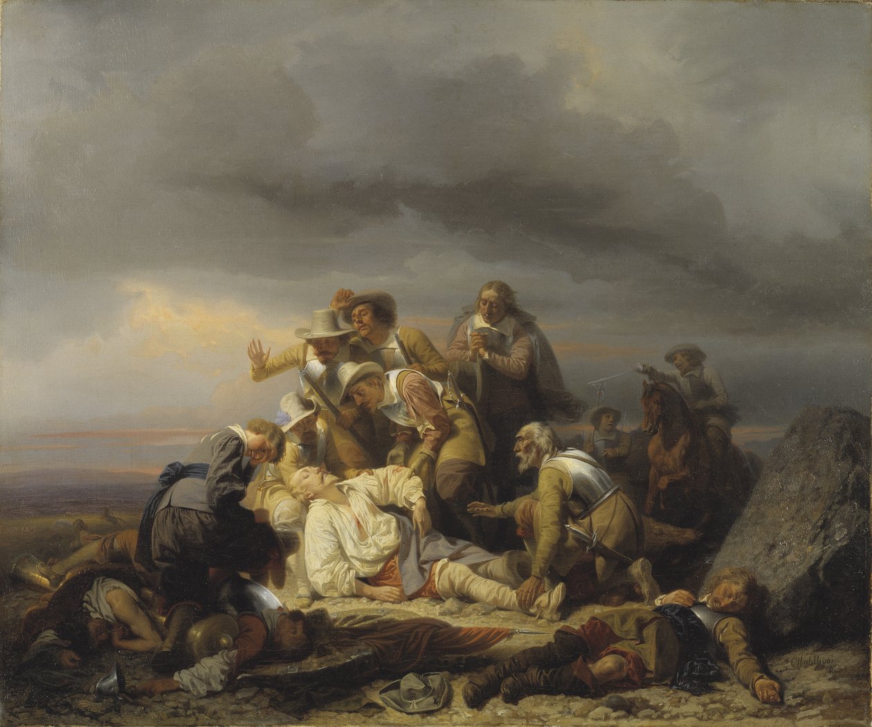 Lutzenin taistelussa 6. marraskuuta 1632 kuolleen Ruotsin kuninkaan Kustaa II Adolfin (1594-1632) ruumiin löytäminen, joka tunnetaan nimellä Pohjan suuri tai Leijona. Luetzen taistelu, kirjoittanut Wahlbom, Carl (1810- tekijältä Carl Wahlbom