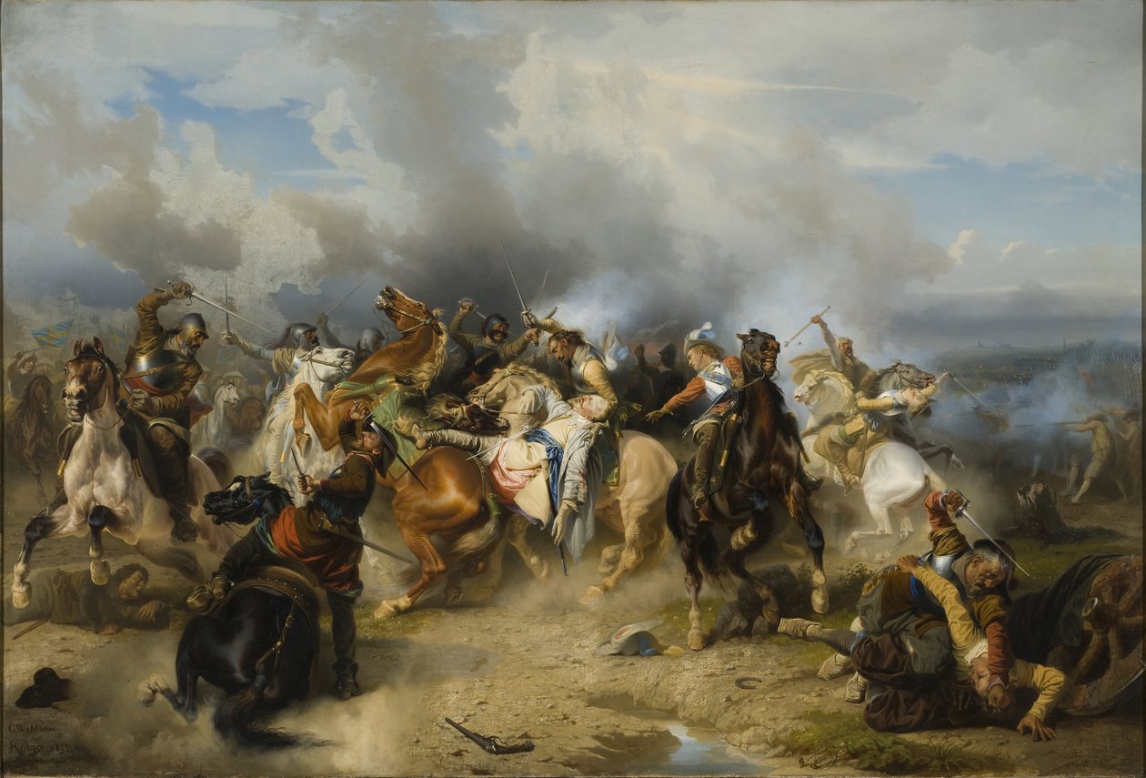 Ruotsin kuninkaan Kustaa II Adolfin (1594-1632) kuolema, sanoi Pohjolan suuri tai leijona Luetzenin taistelussa 6. marraskuuta 1632 - Ruotsin kuningas Kustaa II Adolf kuoli Luetzenin taistelussa 6. marraskuuta 1632, kirjoittanut Wahlbom, Carl (1810-1858).  tekijältä Carl Wahlbom