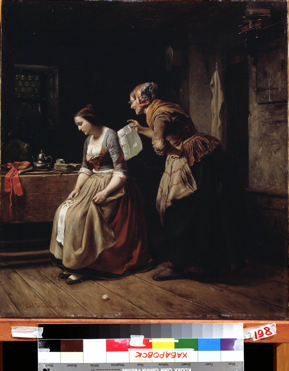 ""Kirje"" (Kirje) Palvelija tuo kirjeen epätoivoiselle nuorelle tytölle. Carl Wilhelm Hubnerin (1814-1879) maalaus 1800-luvun Kaukoidän taidemuseo, Habarovsk, Venäjä tekijältä Carl Wilhelm Hübner