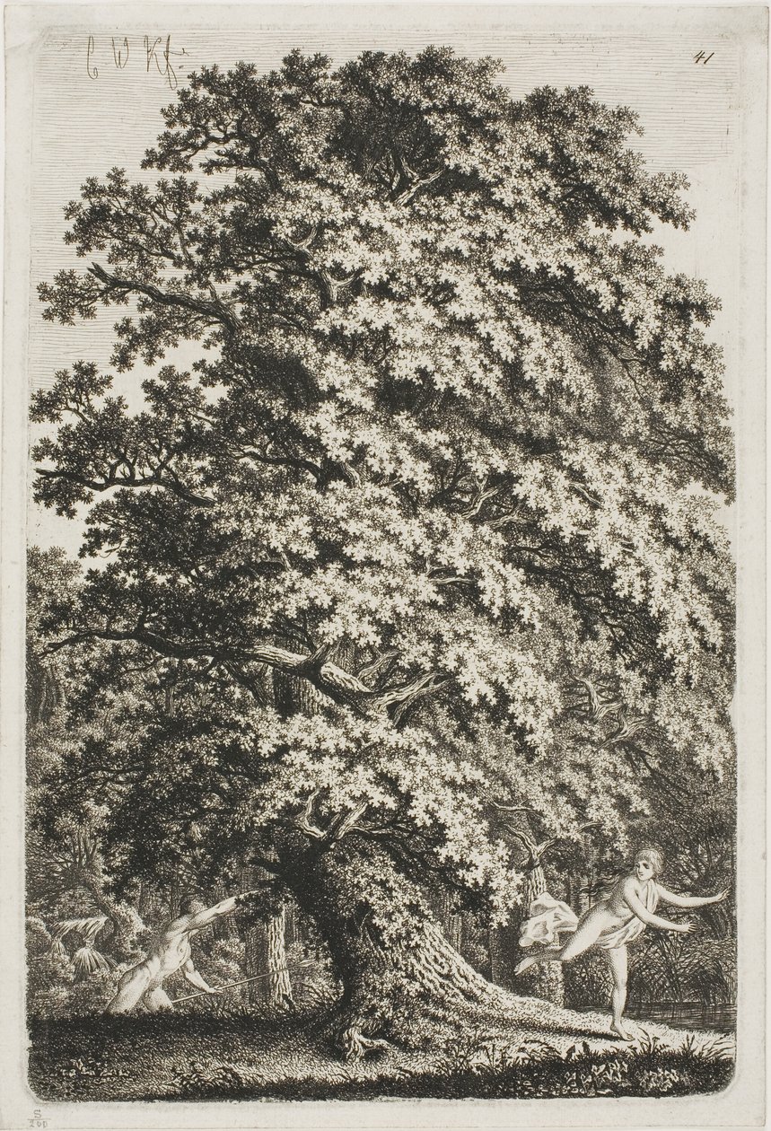 Nainen pakenee miestä, jolla on peitsi metsässä tekijältä Carl Wilhelm Kolbe the elder
