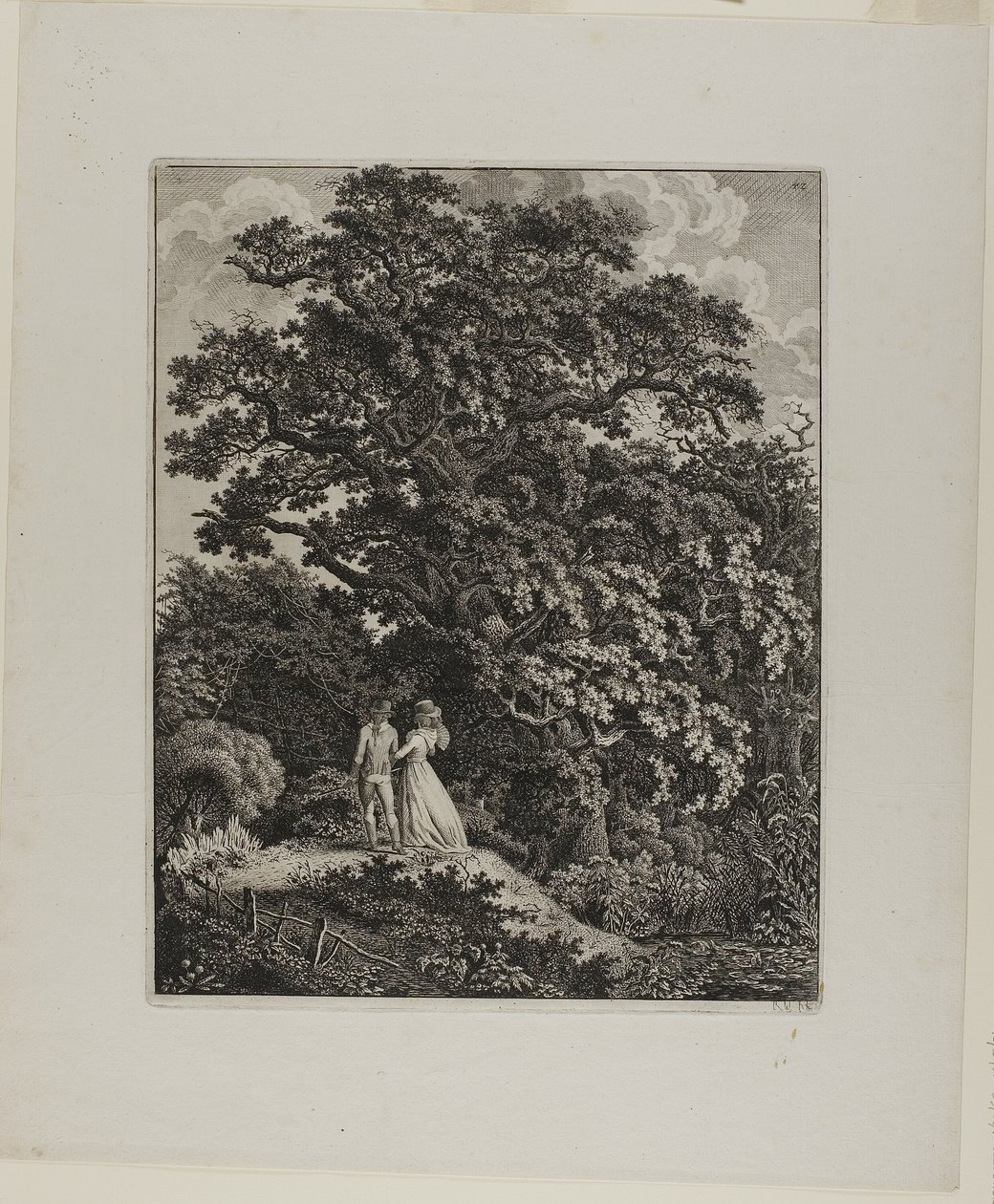 Metsämaisema, jossa tyylikäs pariskunta kävelee tammen alla tekijältä Carl Wilhelm Kolbe, the elder