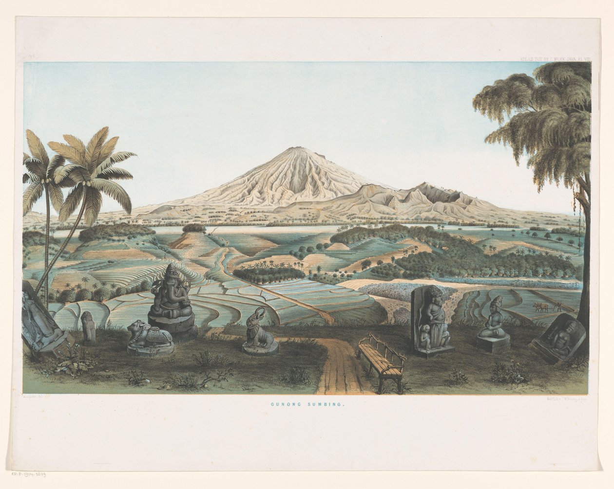 Volcano Sumbing Javalla Gunong Sumbing (otsikko esineessä) Atlas toimii Java (sarjan otsikko objektissa) Yksitoista maalauksellista näkymää sisältävä laattojen atlas, teokseen kuuluva Jaava, sen muoto, kasvillisuus ja sisärakenne (sarjan nimi tekijältä Carl Wilhelm Mieling (possibly)