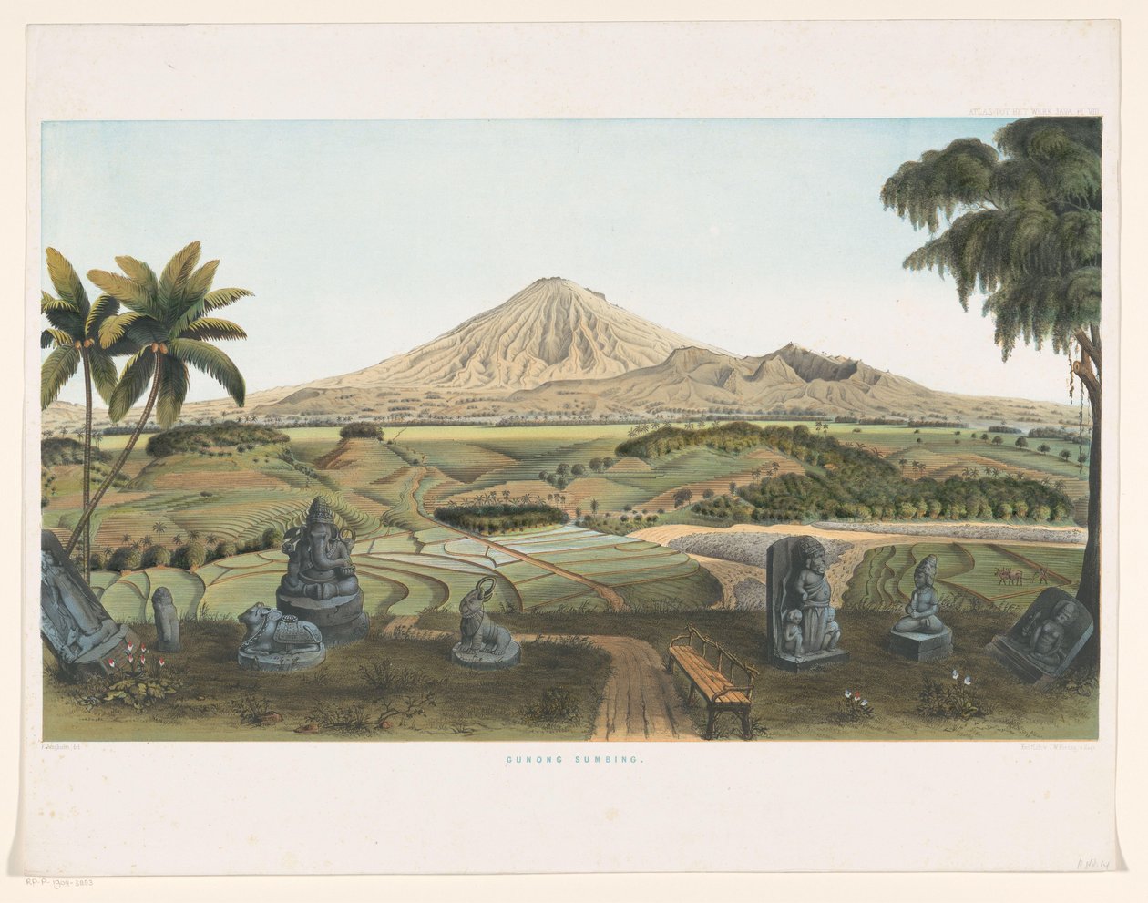 Volcano Sumbing Javalla Gunong Sumbing (otsikko esineessä) Atlas toimii Java (sarjan otsikko objektissa) Yksitoista maalauksellista näkymää sisältävä levykartas, joka kuuluu teokseen Java, sen ulkonäkö, kasvillisuus ja sisäinen rakenne (sarjan nimi tekijältä Carl Wilhelm Mieling (possibly)