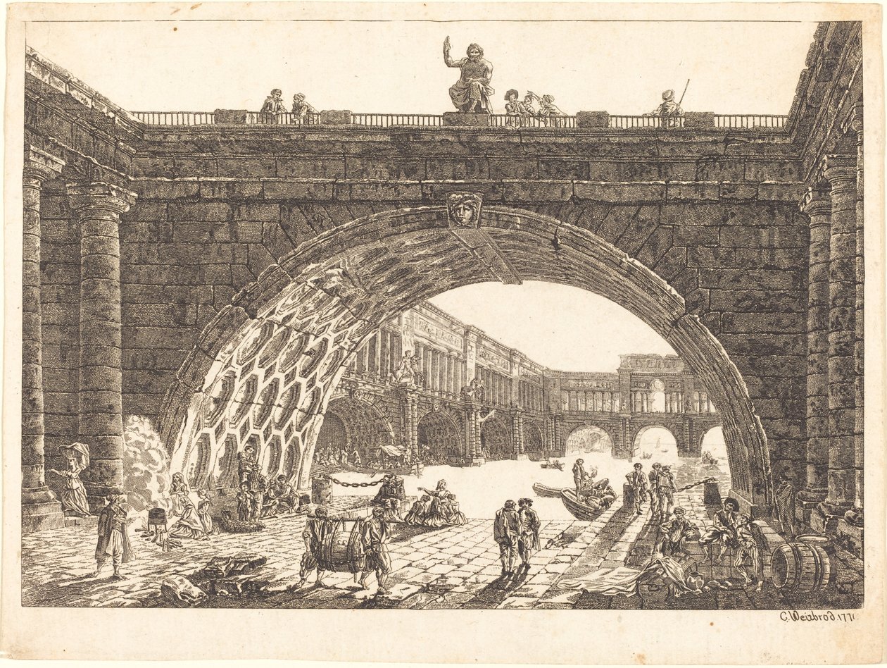 Monumentaalisen sataman arkkitehtoninen fantasia tekijältä Carl Wilhelm Weisbrod after Hubert Robert