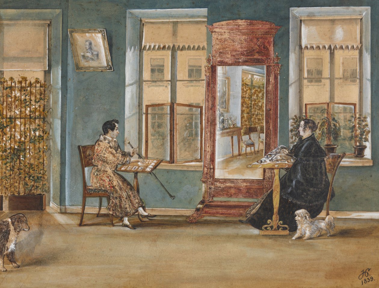 Näyttelijä Nikolai Osipovich Dur 1807-1839 naisensa kanssa olohuoneessa, 1839. tekijältä Carl von Hampeln