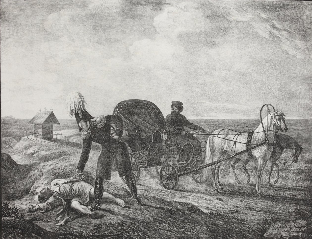 Keisari Aleksanteri I auttaa apua tarvitsevaa henkilöä, 1820. tekijältä Carl von Hampeln