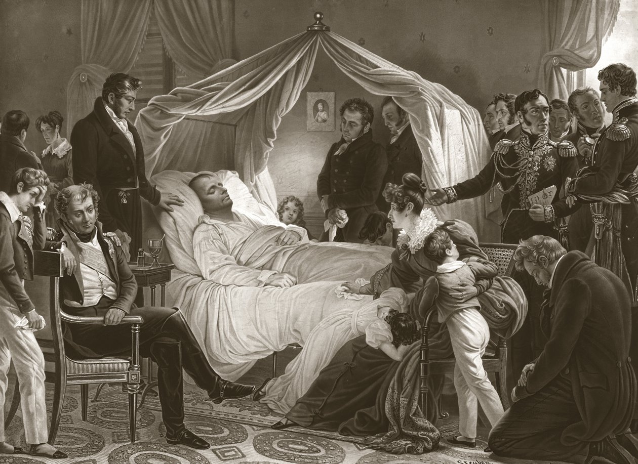 Napoleon kuolinvuoteella, 5. toukokuuta 1821, pub. kaiverrus. tekijältä Carl von Steuben
