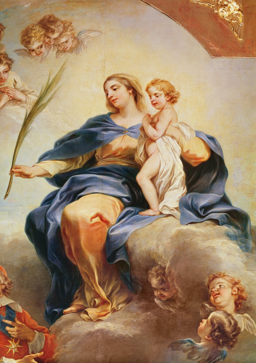 Ludvig XIII (1601-43) vihkii Notre-Dame-des-Victoiresin kirkon Neitsyelle vuonna 1629, yksityiskohta Neitsyt Mariasta, 1748-53 tekijältä Carle van Loo