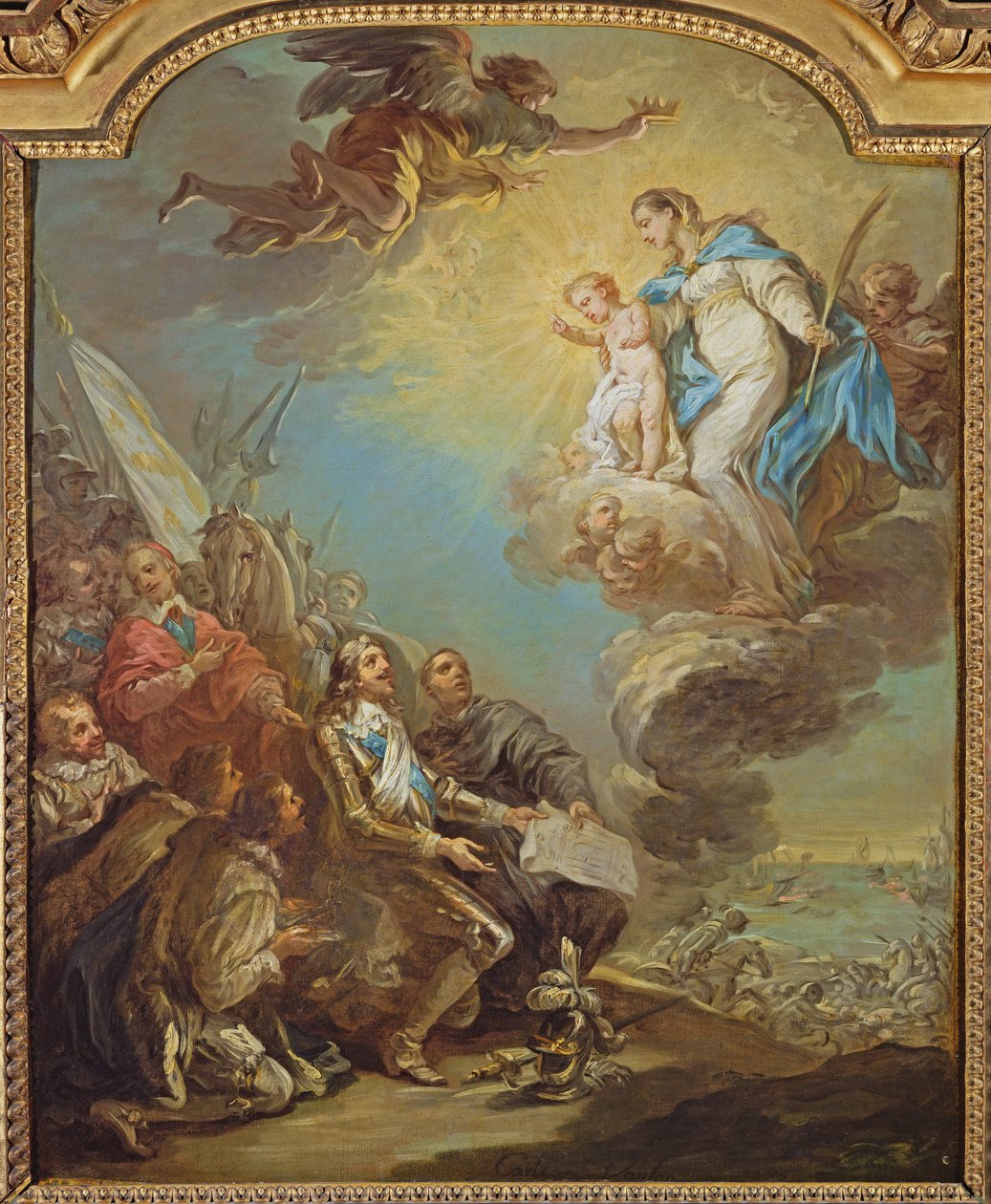 Tutkimus Ludvig XIII:lle (1601-43) Notre-Dame-des-Victoiresin kirkon vihkiminen Neitsyelle vuonna 1629, ennen vuotta 1748 tekijältä Carle van Loo