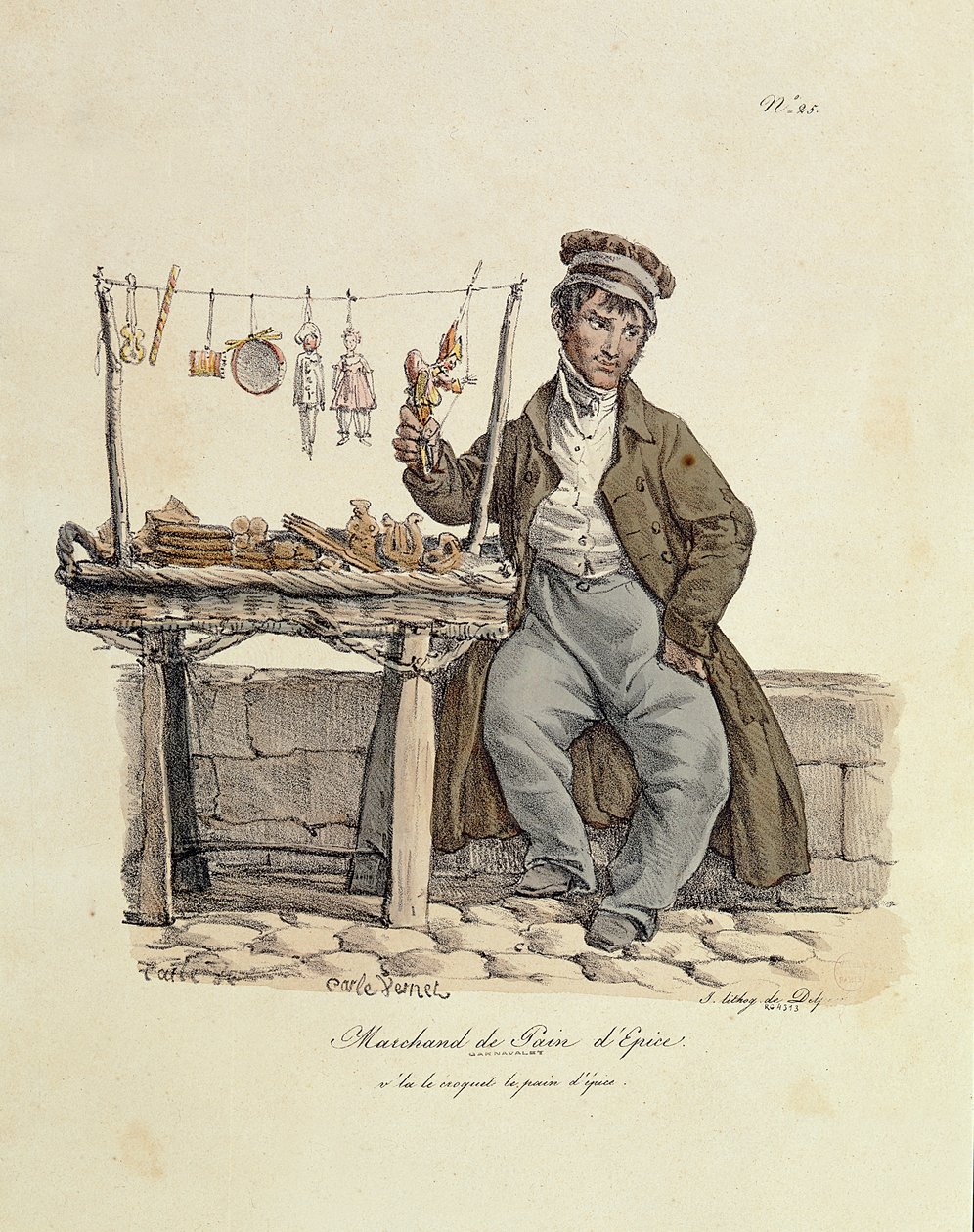 Piparkakkumyyjä, numero 25 Pariisin huudot -sarjasta, kaiverrus Francois Seraphin Delpech (1778-1825) tekijältä Carle Vernet