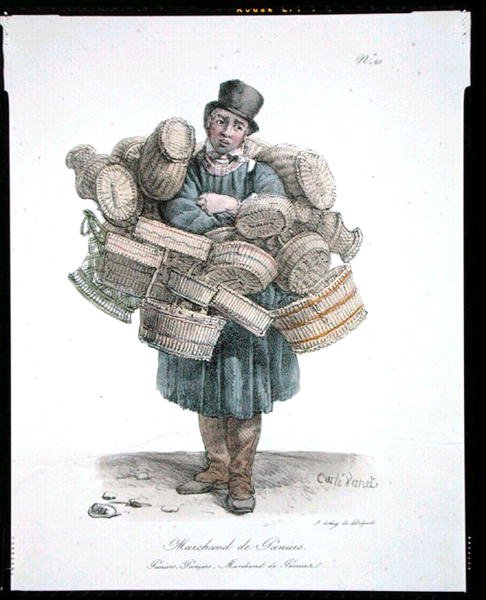 The Basket Seller, numero 21 The Cries of Paris -sarjasta, julkaistu n. 1820 (värilitho) tekijältä Carle (after) Vernet