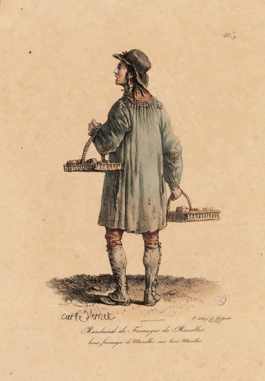 Marollesin juustokauppias Les cris de Parisista n. 1823-25 (litho) tekijältä Carle Vernet