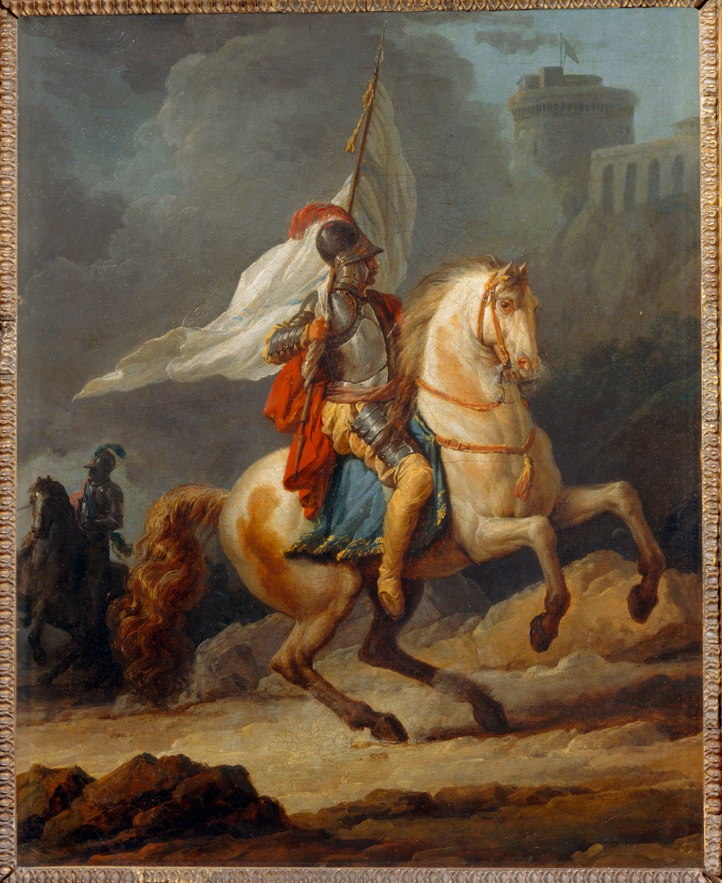 Cavalier en armure tenant un drapeau - Panssaroitu ritari, joka kantaa lippua ... tekijältä Carle Vernet